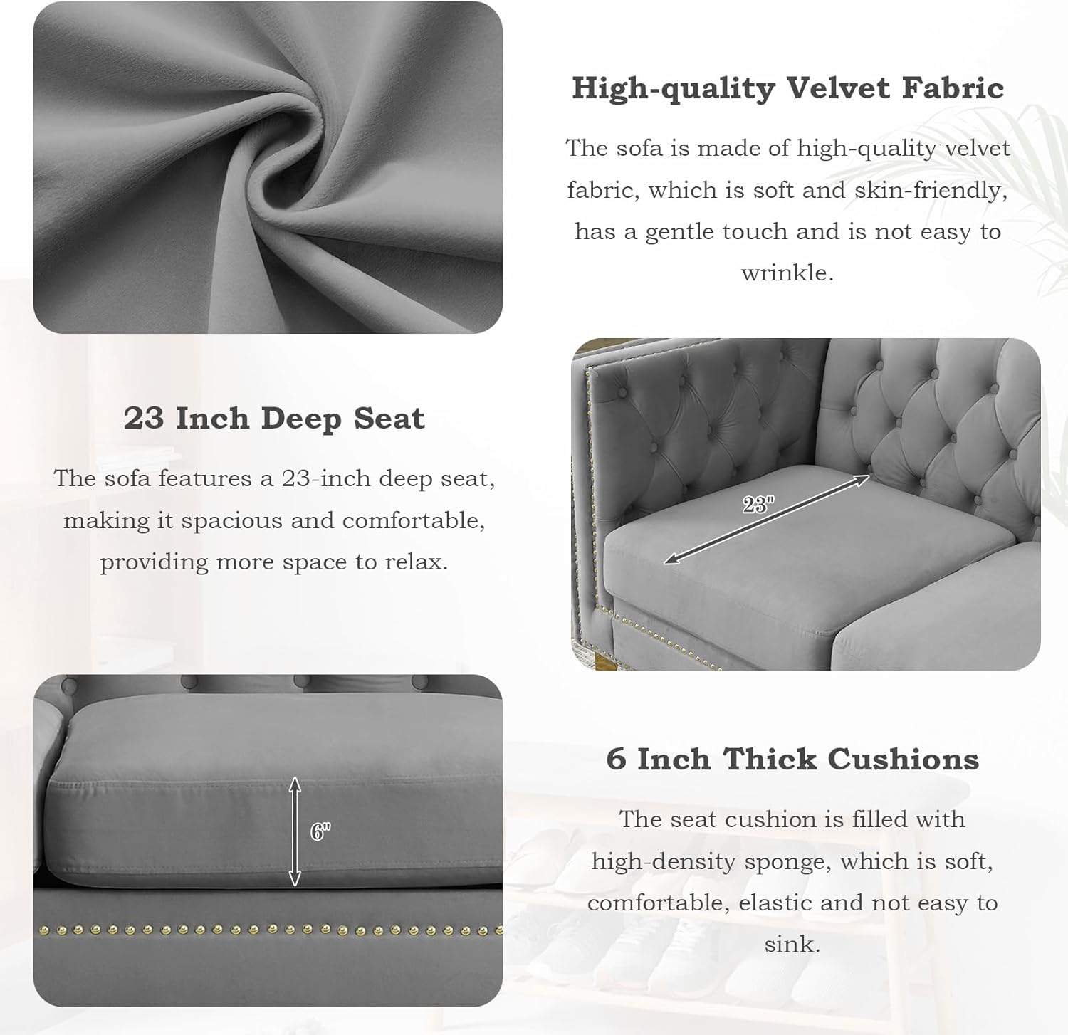 Chesterfield Sofa,Oversized Velvet Sofa Couch,Deep Seat 3 Seater Sofa,Modern Sofa Chair with Button Nailhead,Upholstered Futon Couches,Furniture for Living Room,Bedroom,Office(Grey)