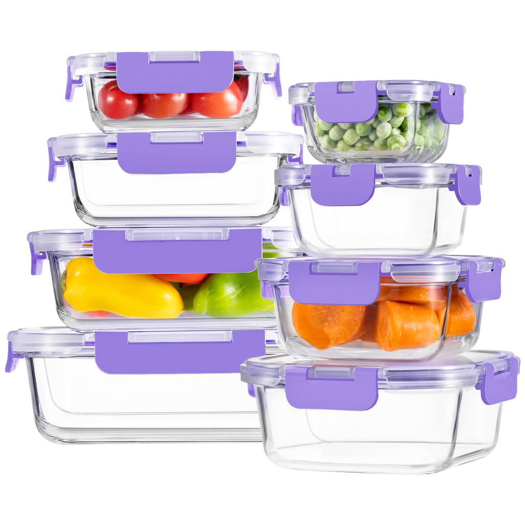 8 Pack Borosilicate Glass Food Storage Containers with Lids, Glass Meal Prep Containers, Airtight Bento Lunch Boxes with Snap Locks, Oven, Freezer and Dishwasher Safe, BPA Free, Kitchen Storage Set