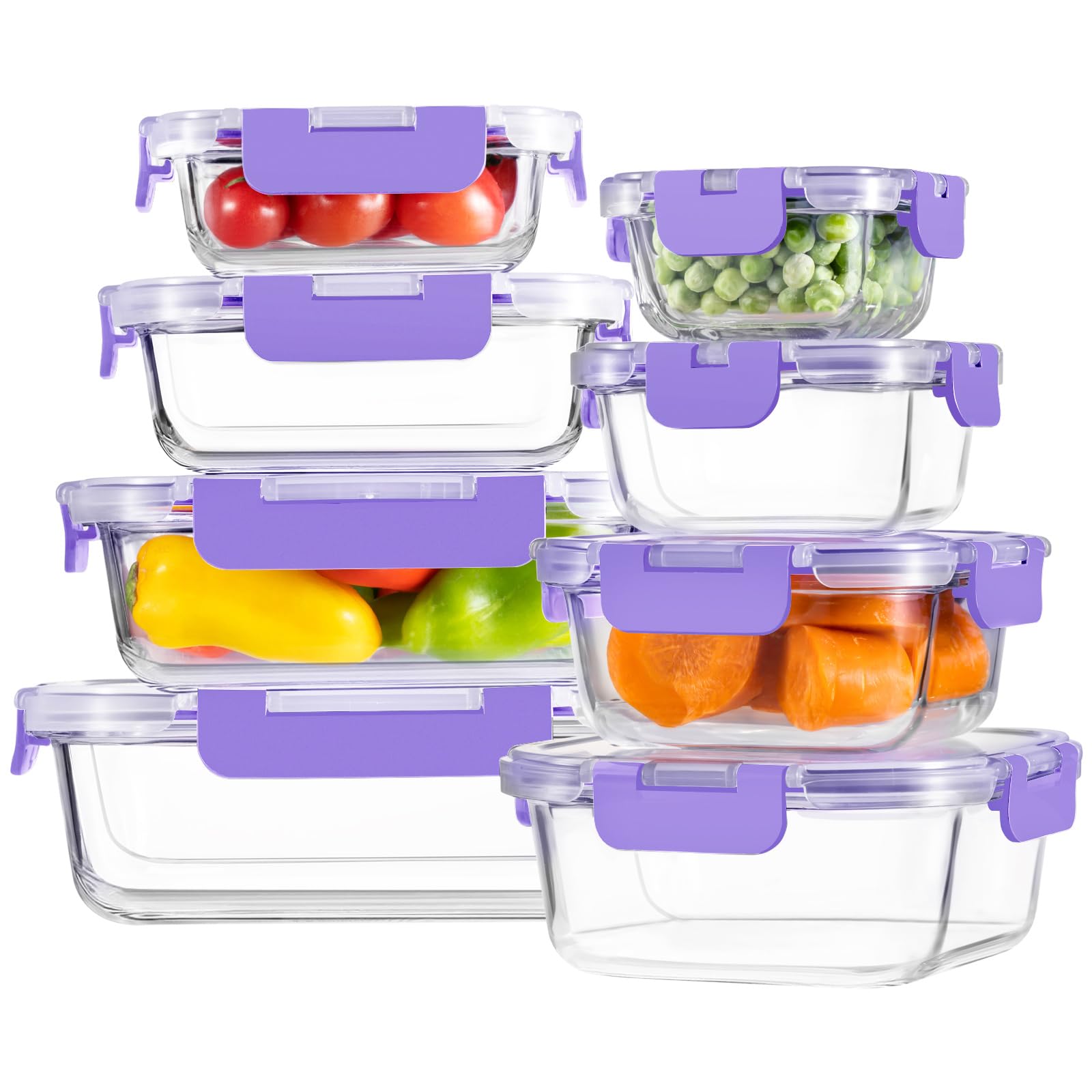 8 Pack Borosilicate Glass Food Storage Containers with Lids, Glass Meal Prep Containers, Airtight Bento Lunch Boxes with Snap Locks, Oven, Freezer and Dishwasher Safe, BPA Free, Kitchen Storage Set