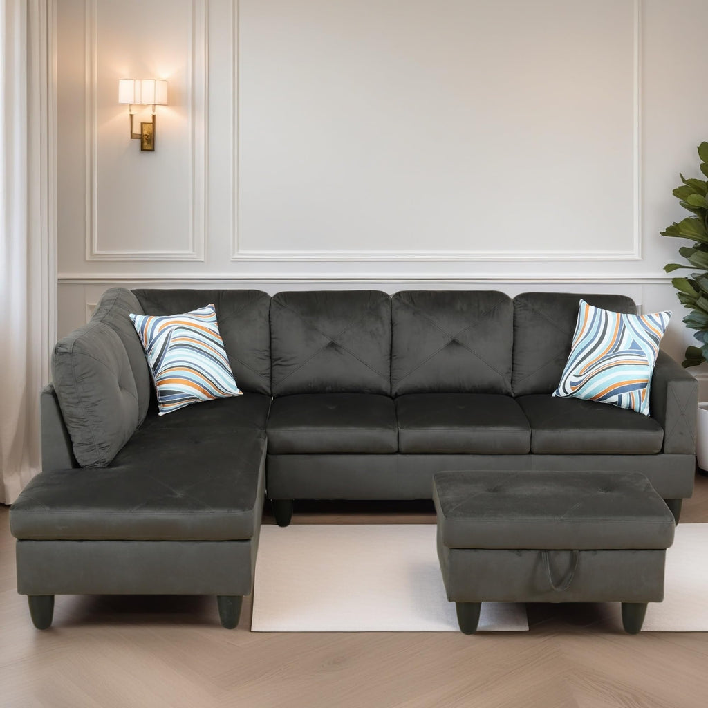 Leather Sectional Couch, Modern L Shaped Couches for Living Room, Comfy 4 Seat Modular Sectional Sofa with Ottoman Storage for Bedroom Apartment, Black