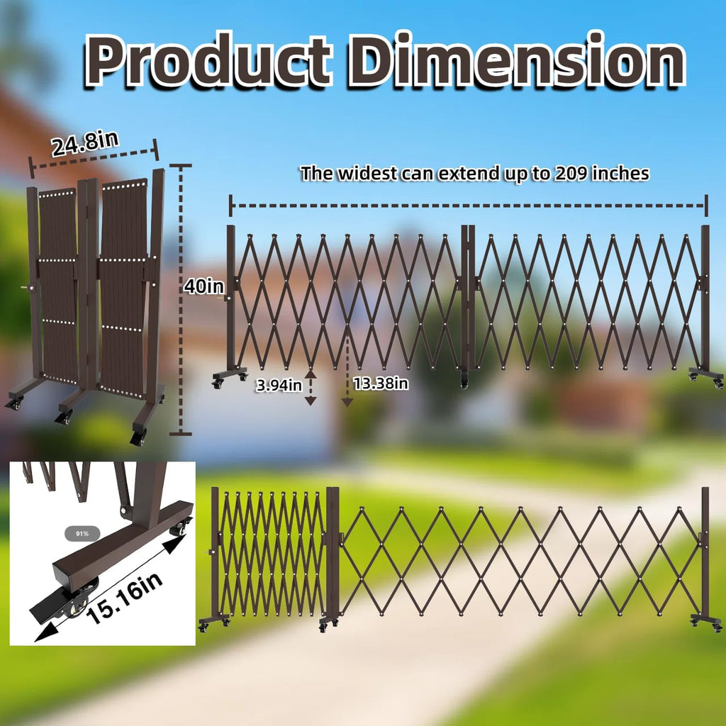 209" Width Expandable Driveway Gate & Retractable Fence Outdoor - 180° Rotating Aluminum Barricade with Casters, Metal Safety Barrier for Backyard/Dog Security (216.54 * 41.34,Grey)