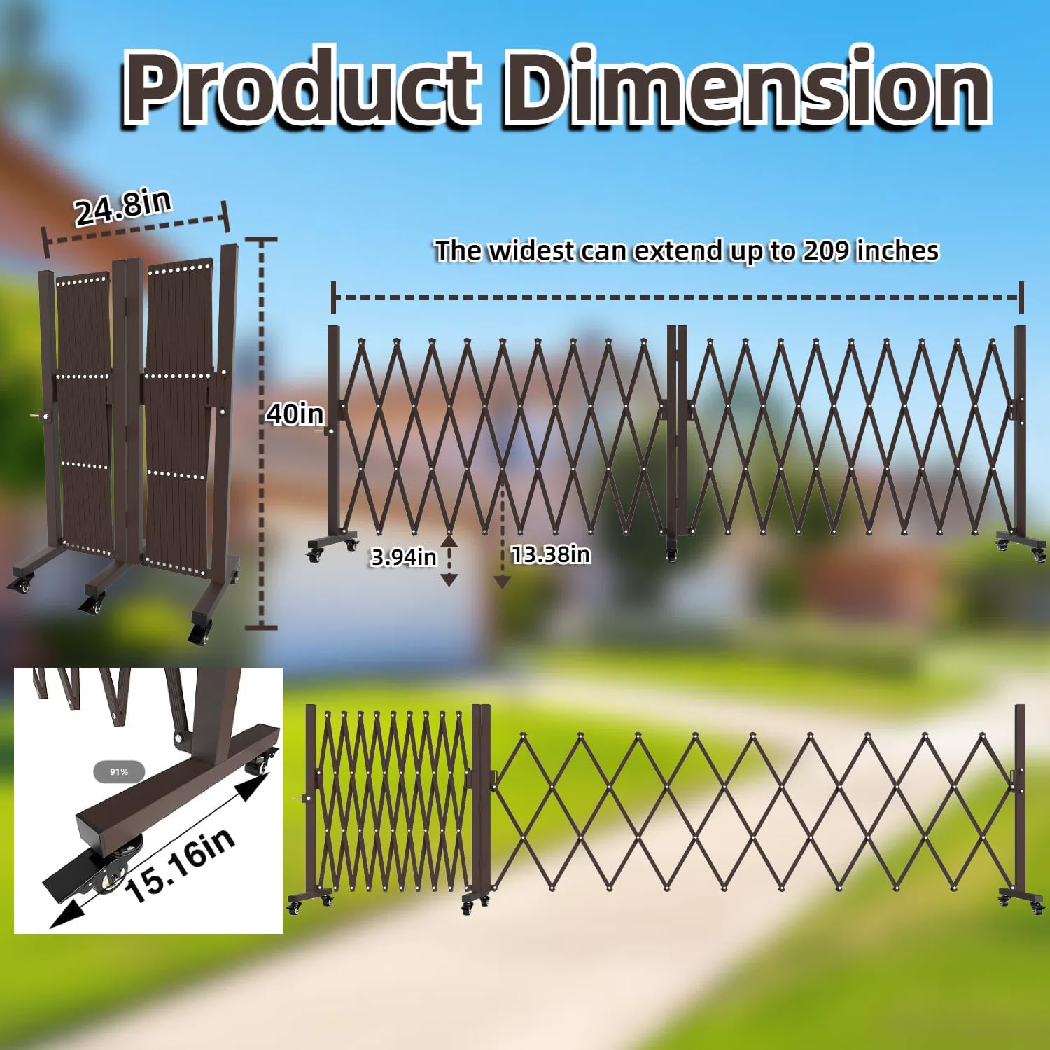 209" Width Expandable Driveway Gate & Retractable Fence Outdoor - 180° Rotating Aluminum Barricade with Casters, Metal Safety Barrier for Backyard/Dog Security (216.54 * 41.34,Grey)
