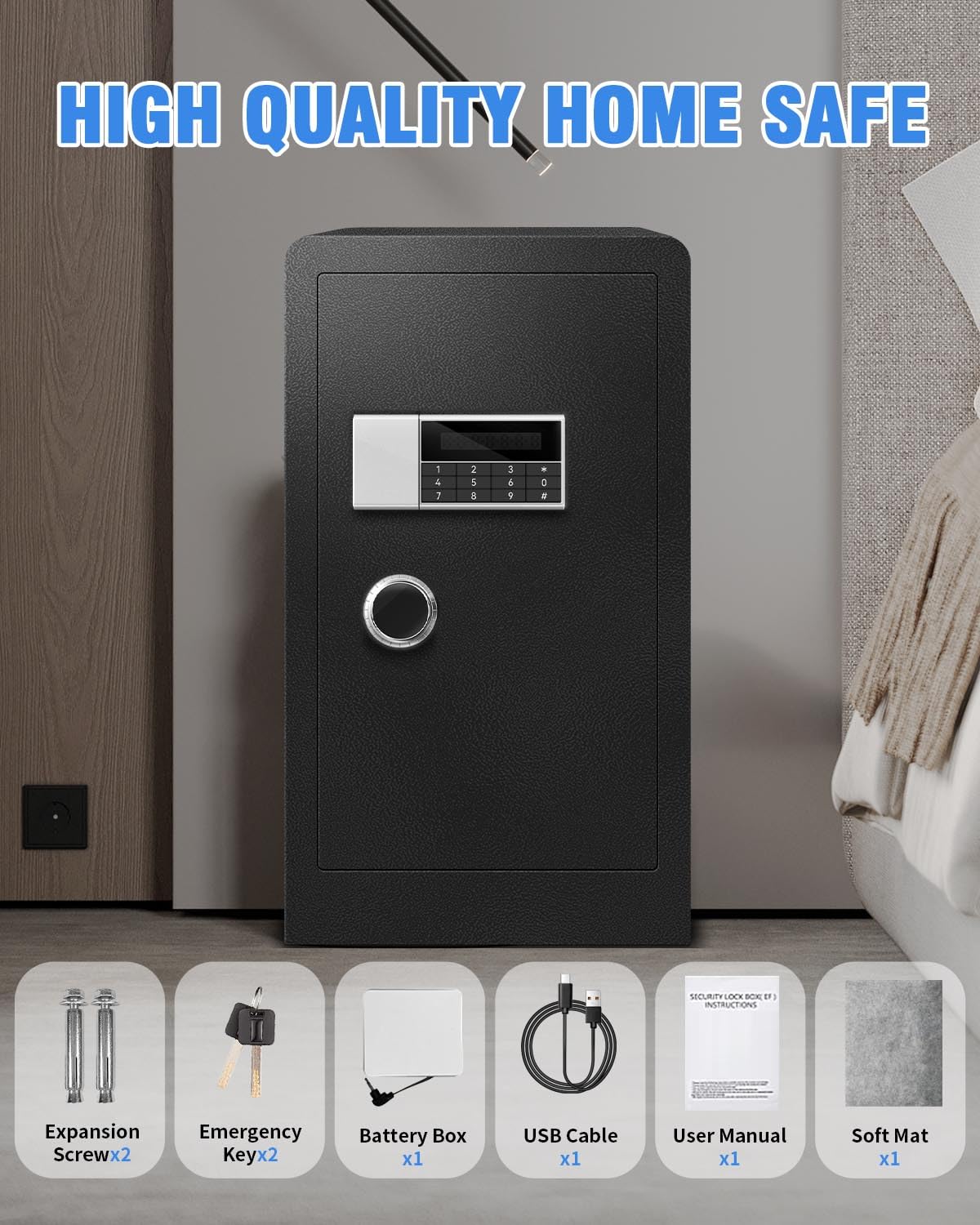 HOLOJOY Stor brandsikker vandtæt pengeskabsboks til hjemmekontordokumenter - 9,0 Cu Ft Heavy Duty stål LCD-skærm Digital sikkerhedsboks med LED-lys, aftagelig hylde til penge Smykker værdigenstande