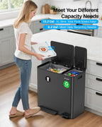 Dual Trash and Recycling Bins for Kitchen, 13.2 + 5.2 Gal (50+20L) Stainless Steel Trash and Recycle Bin Combo with Soft-Close Lid, Large Garbage Cans for Kitchen Home with 2 Magnets Sticker, Black