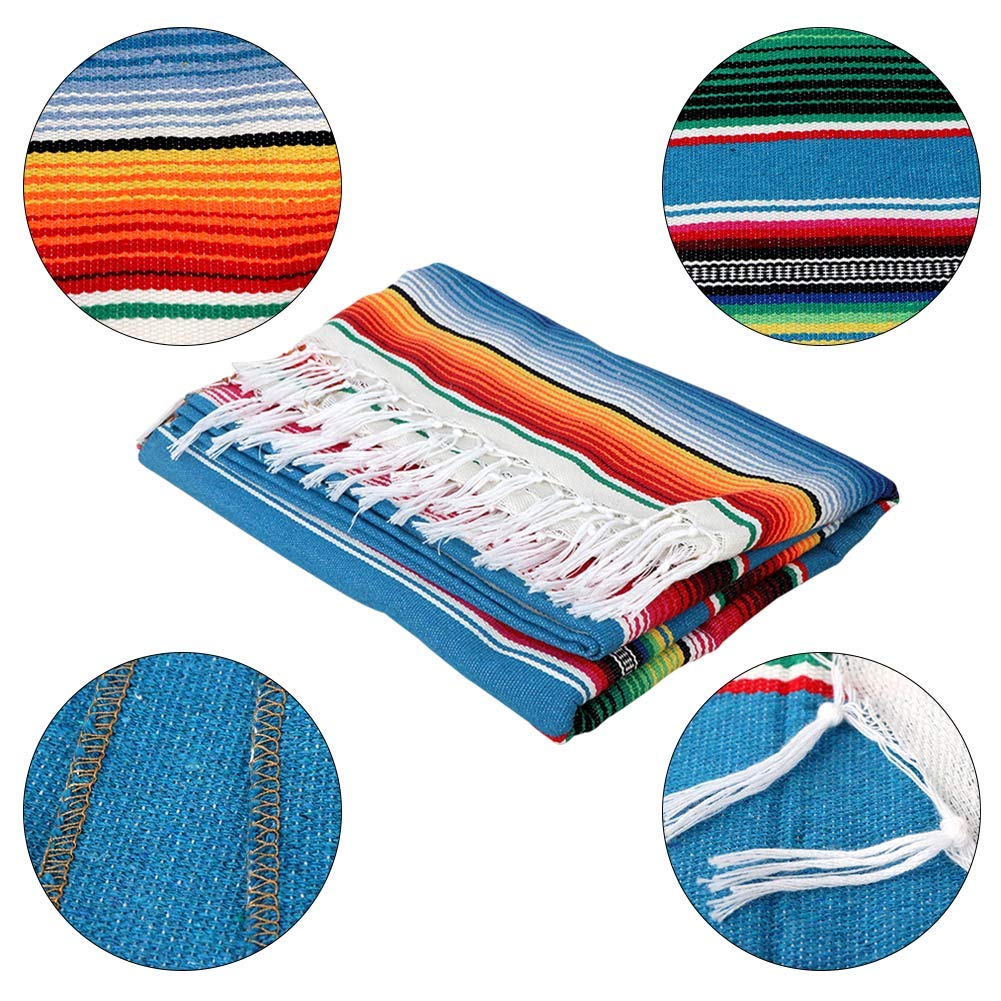 روکش میز OurWarm مکزیکی 59 در 84 اینچ، پتو سرپه برای مهمانی مکزیکی، تزئینات عروسی، پارچه میز پنبه‌ای بزرگ مربع با حاشیه، پتو رنگارنگ مکزیکی، پوشش میز جشن فضای باز، پیک‌نیک (آبی)