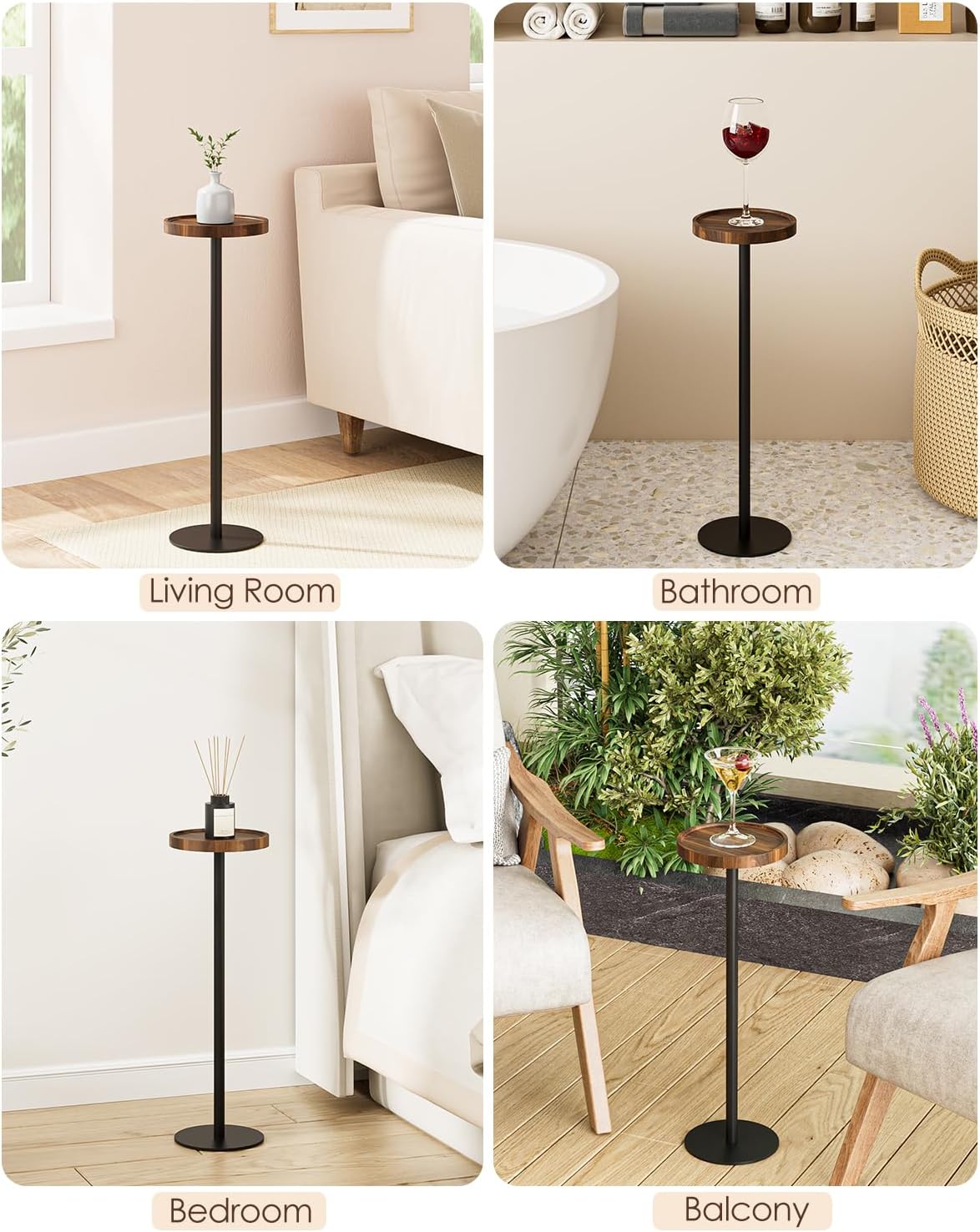 Drink Table, Small Pedestal Side Table, Round Cocktail Table, Circle Accent End Table with Metal Base, for Small Spaces (1, Brown Walnut)
