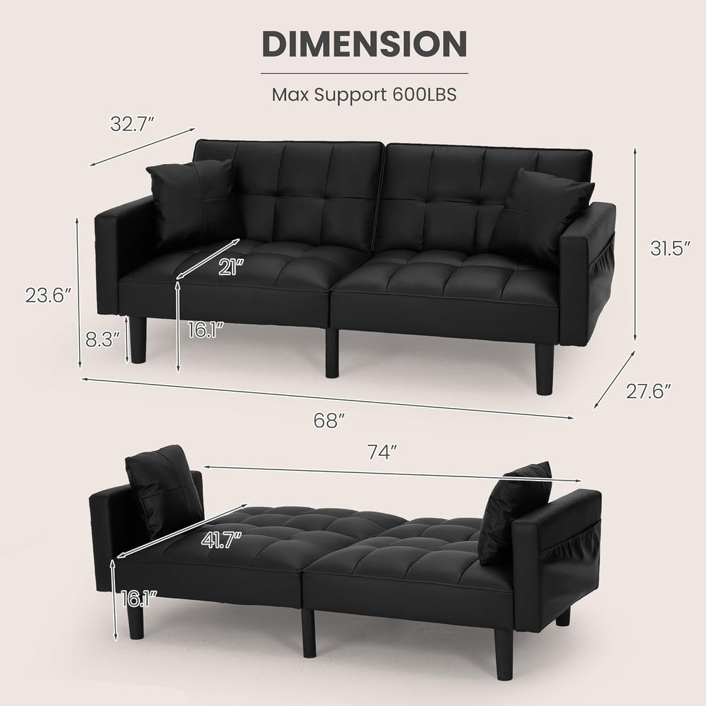 ECOTOUGE Faux Leather Futon Couch, Convertible Sofa Bed with Adjustable Back, Modern Sleeper Sofa for Living Room, Black