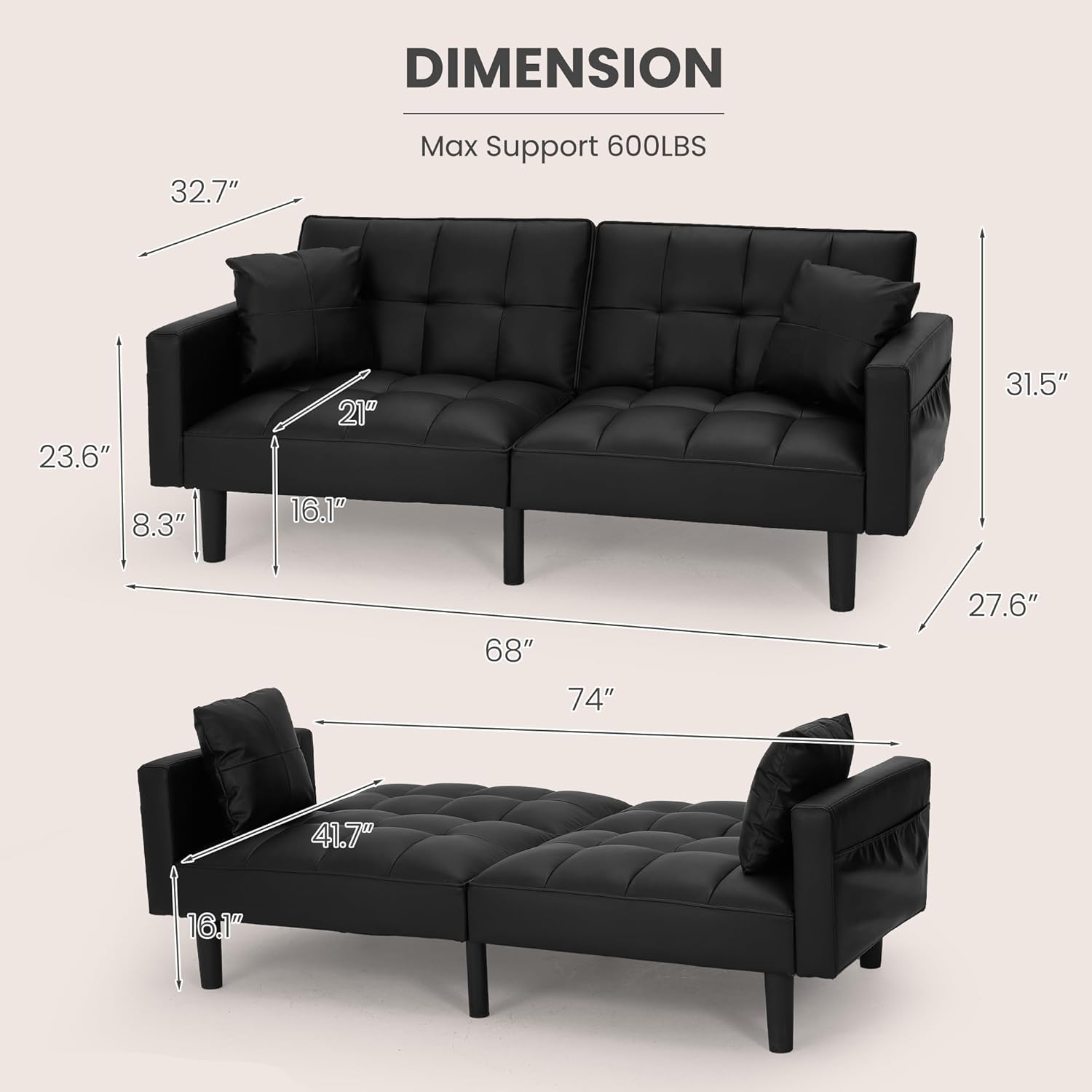 ECOTOUGE Faux Leather Futon Couch, Convertible Sofa Bed with Adjustable Back, Modern Sleeper Sofa for Living Room, Black