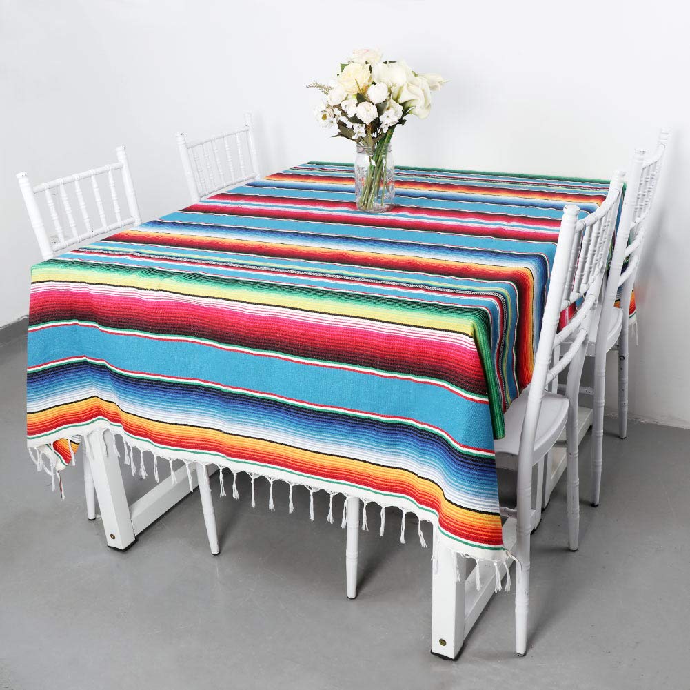 OurWarm 59 x 84 Inch Mexican Tablecloth Serape Blanket for Mexican Party Wedding Decorations, Large Square Cotton Fringe Table Cloth Colorful Mexican Blanket Outdoor Fiesta Table Cover Picnic (Blue)
