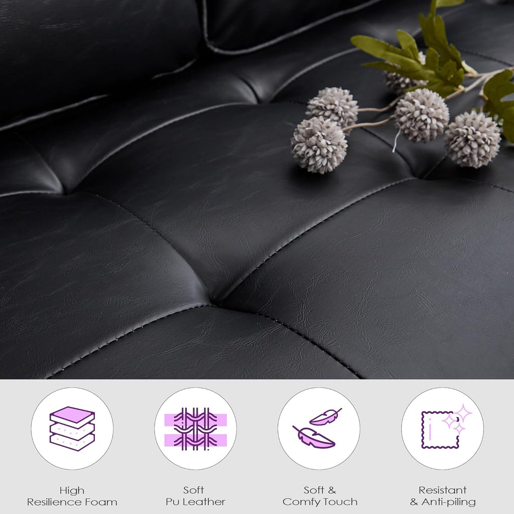 TYBOATLE 57" Small Black Faux Leather Sofa Couches, 3 Piece Living Room Set, Mid-Century Modern Tufted Comfy Loveseat, 2 Seater Office Couch Love Seat for Small Space Bedroom Drom Apartment