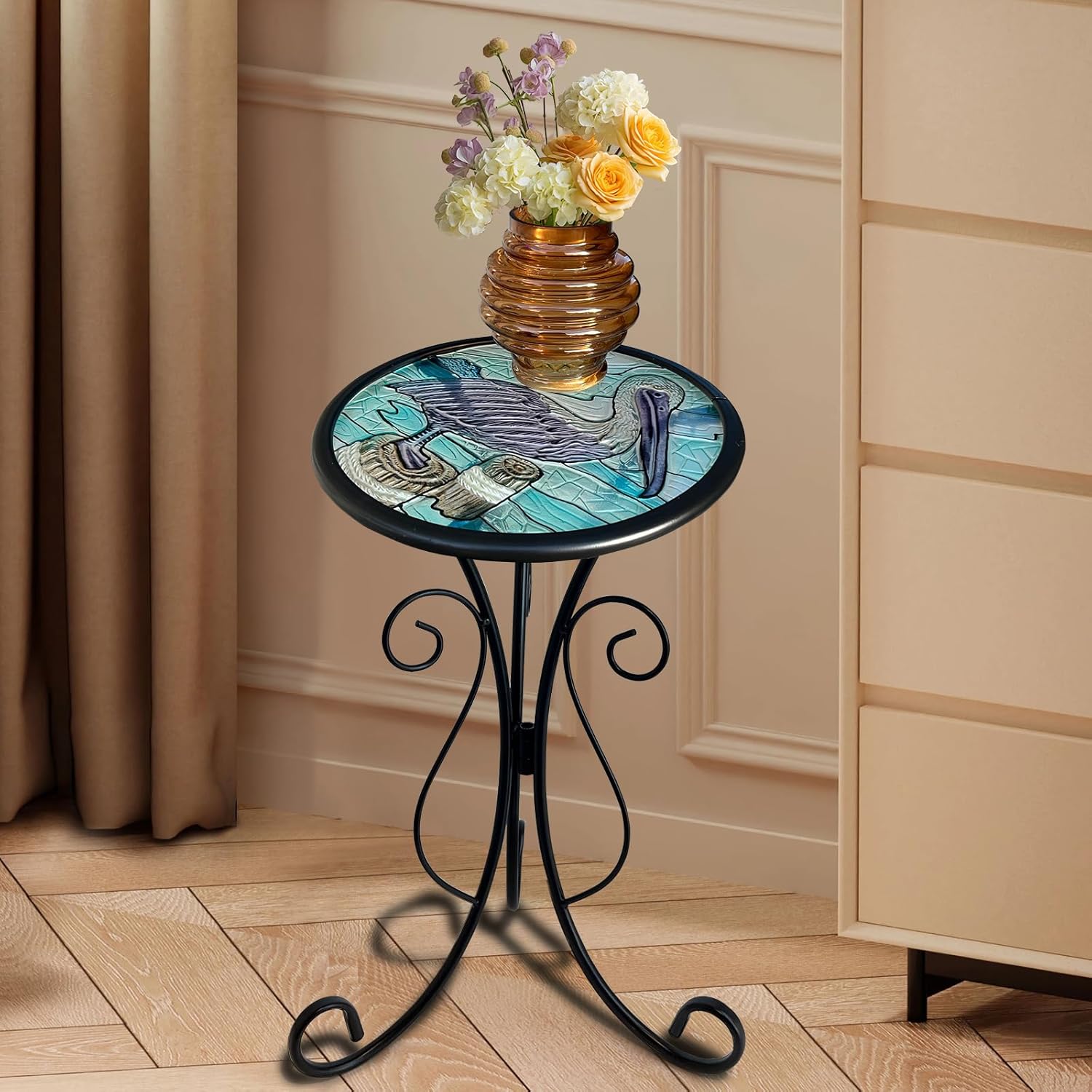 HONGLAND Outdoor Side Table, Small Outdoor Table, 12" Round Patio Side Table End Table, Glass Plant Stand, Small Bistro Coffee Table for Garden Patio Porch Living Room (Pelican)