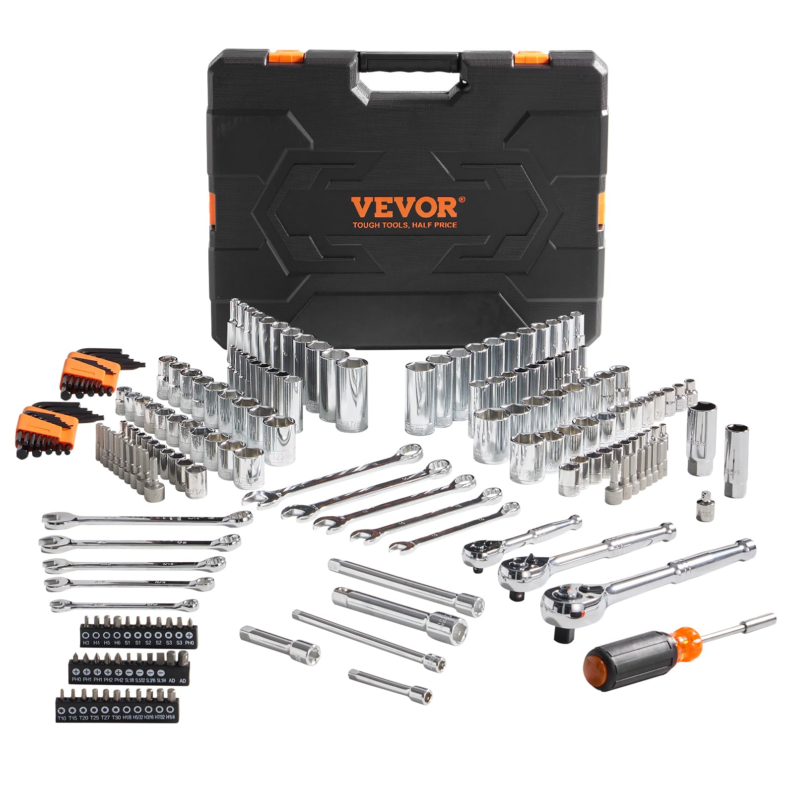 VEVOR Mechanics Tool Set and Socket Set, 1/4" 3/8" 1/2" Drive Deep and Standard Sockets, 450 Pcs SAE and Metric Mechanic Tool Kit with Bits, Combination Wrench, Hex Wrenches, Accessories, Storage Case
