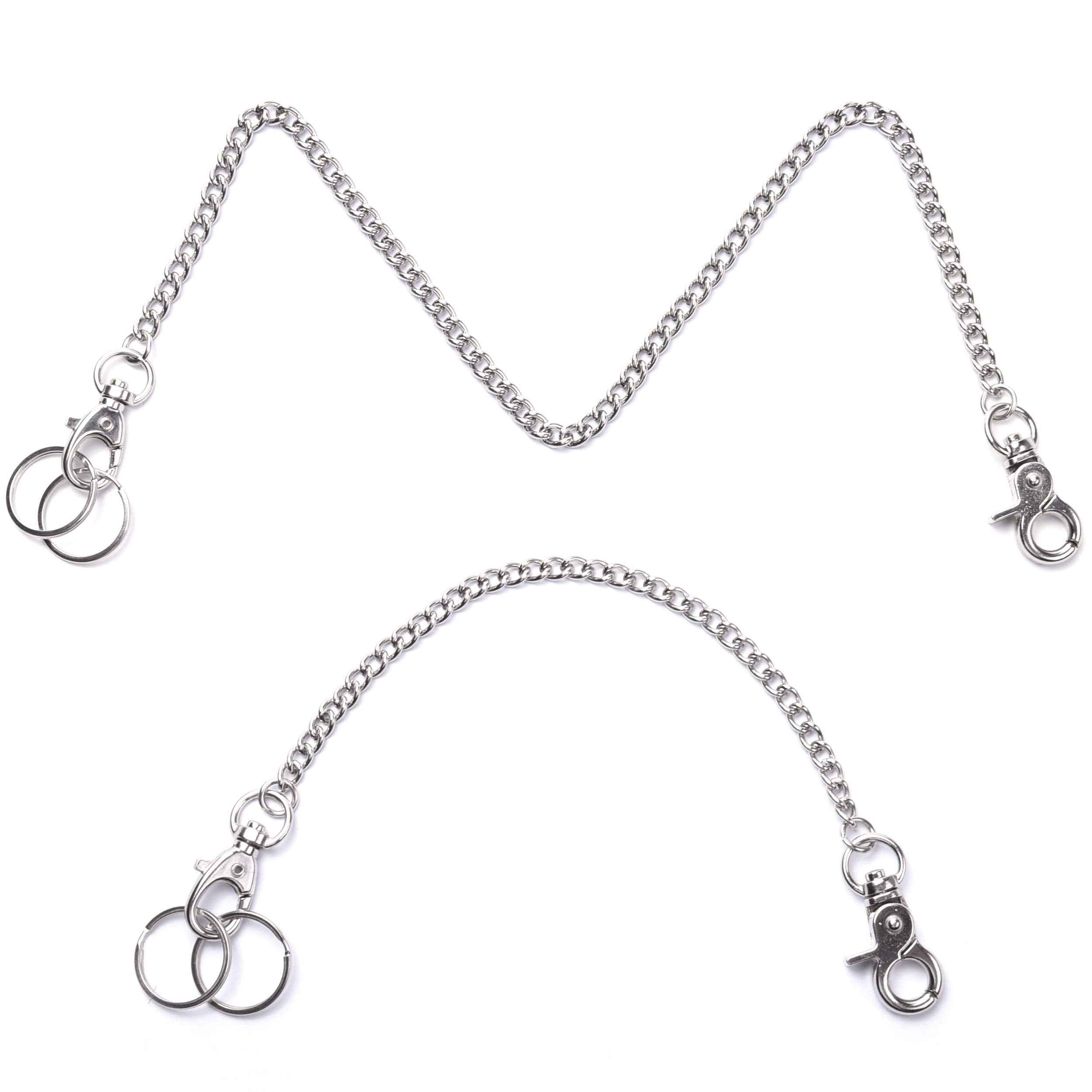 Wisdompro Wallet Chain, 2 Pack (8 and 16 Inch) Heavy Duty Pocket Keychain with Both Ends Lobster Clasps and Extra 2 Rings for Keys, Wallet, Jeans, Pants, Belt Loop, Purse and Handbag - Silver