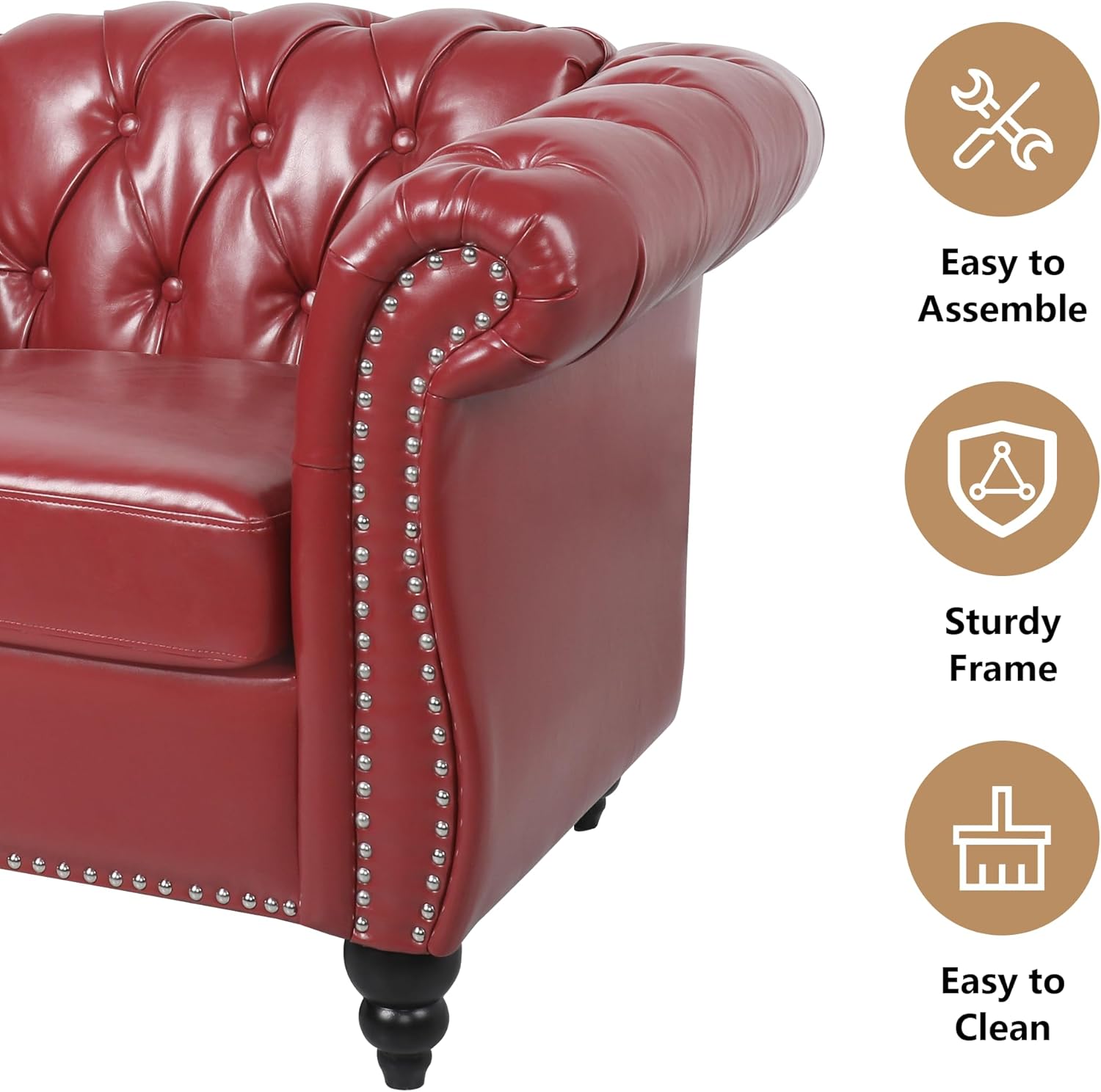Chesterfield 3 Seater Sofa, Modern Leather Tufted Couch 3 Seater with Rolled Arms and Nailhead Mid-Century Upholstered Couch for Living Room, Bedroom, Apartment and Office, Claret