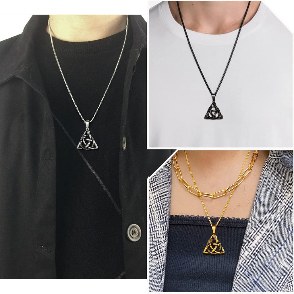 Celtic Knot Necklace Viking Pendant - Celtic Norse Triple Odin Horns Crescent Moon of Oden Horn Necklace Mens 316L Stainless Steel Triskelion Amulet Pewter Tribal Protection Viking Triskele Jewelry