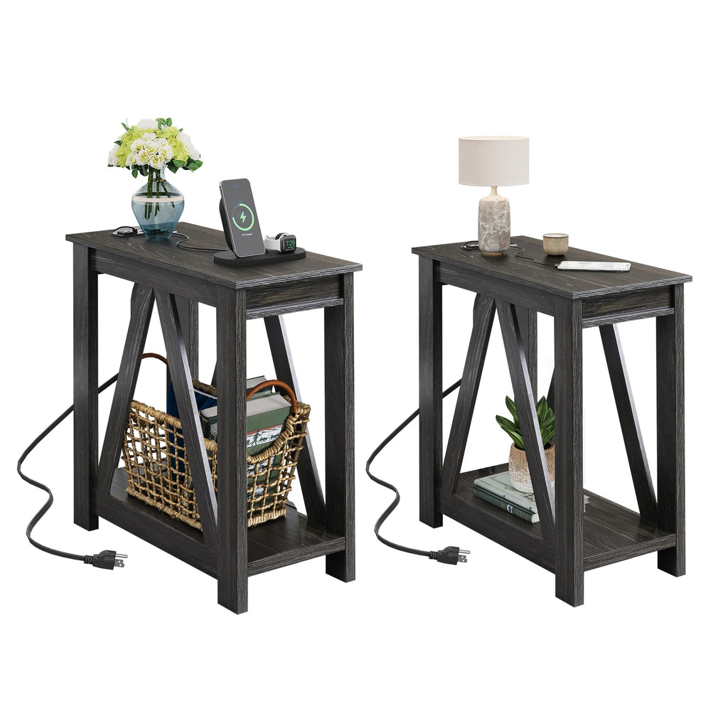 WLIVE Farmhouse End Table, Narrow Side Table with Charging Station, Slim End Table, Side Table for Bedroom, Living Room, Small Spaces, with 2 USB and 2 Power Outlets, 11.8" D x 23.6" W x 23.74" H