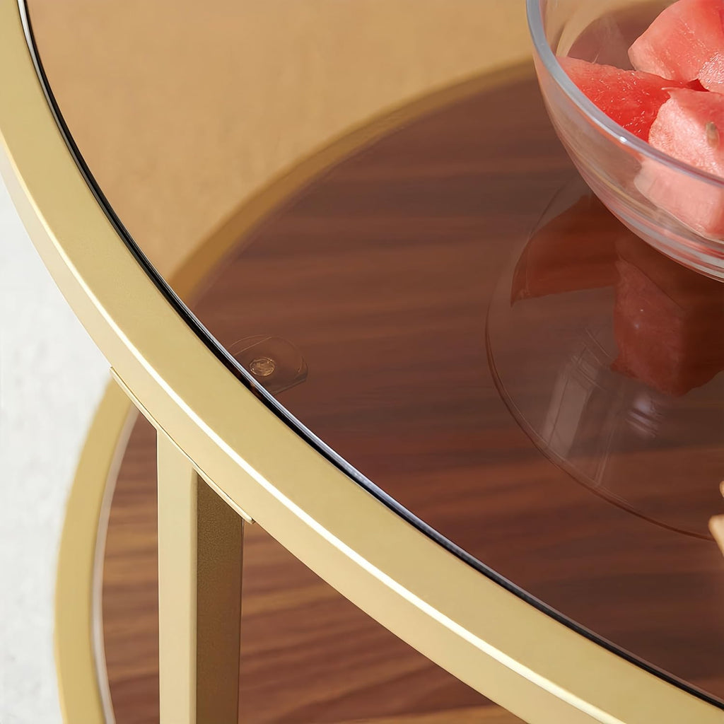 Modern Round Glass Coffee Table with Amber Glass Top, Round Glass Table for Living Room, D30''×H18'', Gold Table Legs Structure & Amber Glass Top