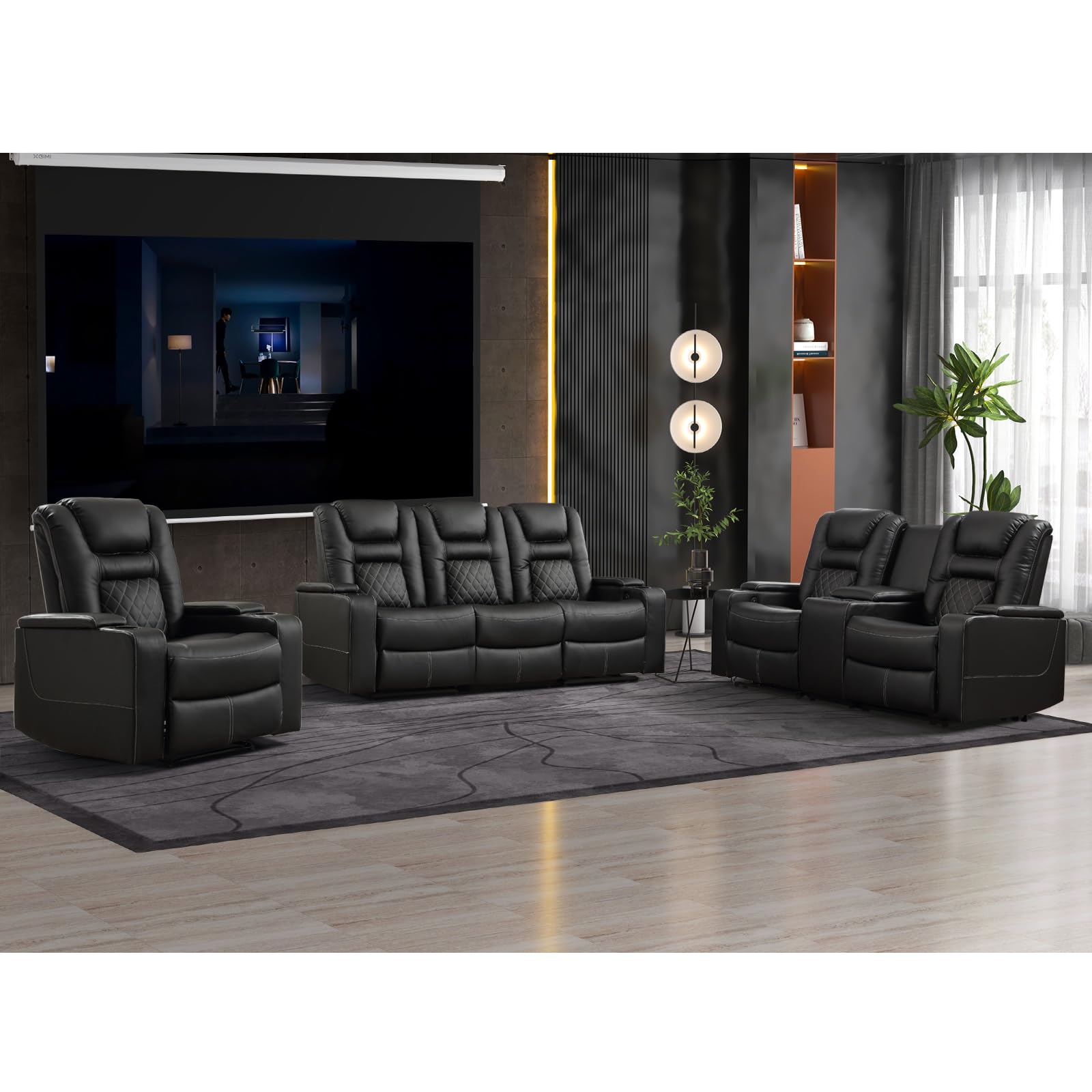 Home Theater Seats, Faux Leather Movie 3 Seat Recliner Sofa with Hidden Arm Storage, Power Gaming Reclining Sofa with USB Charge and Cup Holders