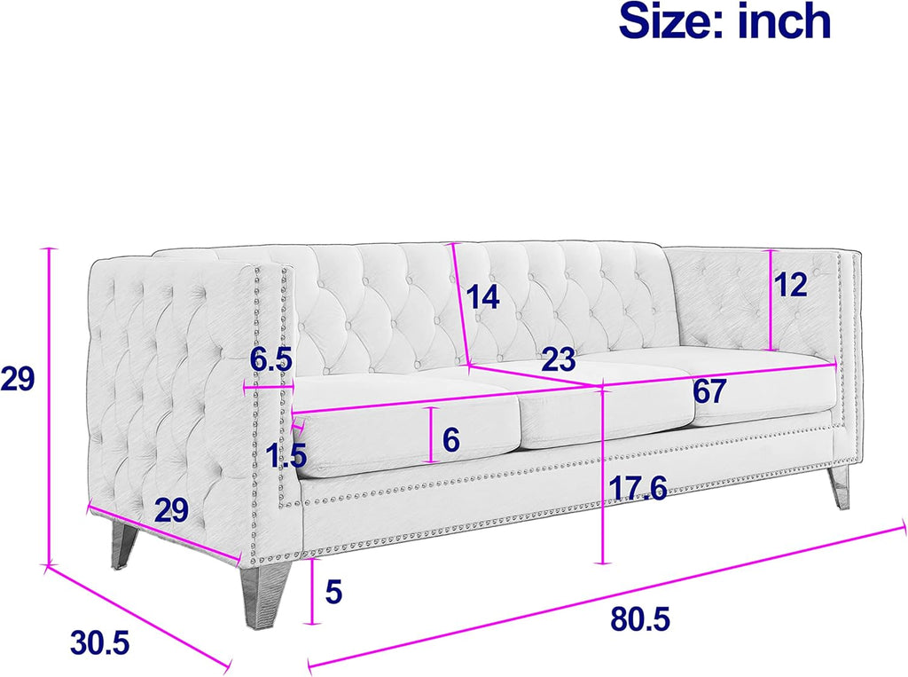 KEIKI Tufted Velvet 3+3 Seat Sofa Couch for Living Room, Buttons Tufted Square Arm Couch for Home Apartment, Gray
