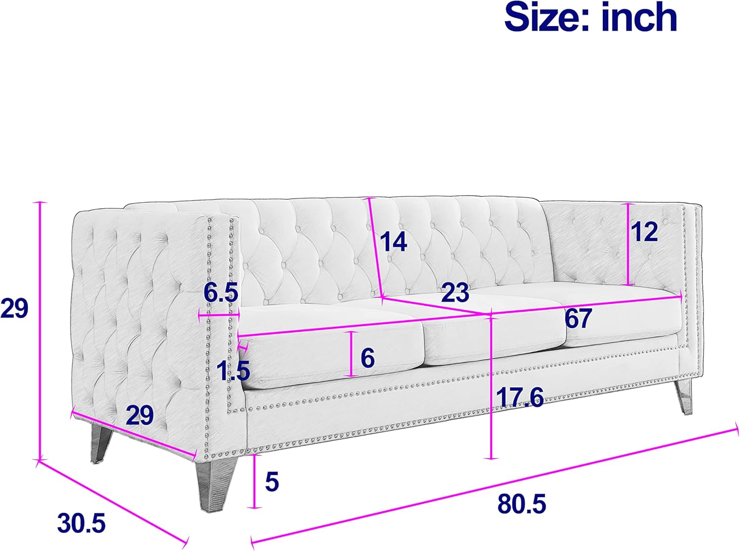 KEIKI Tufted Velvet 3+3 Seat Sofa Couch for Living Room, Buttons Tufted Square Arm Couch for Home Apartment, Gray