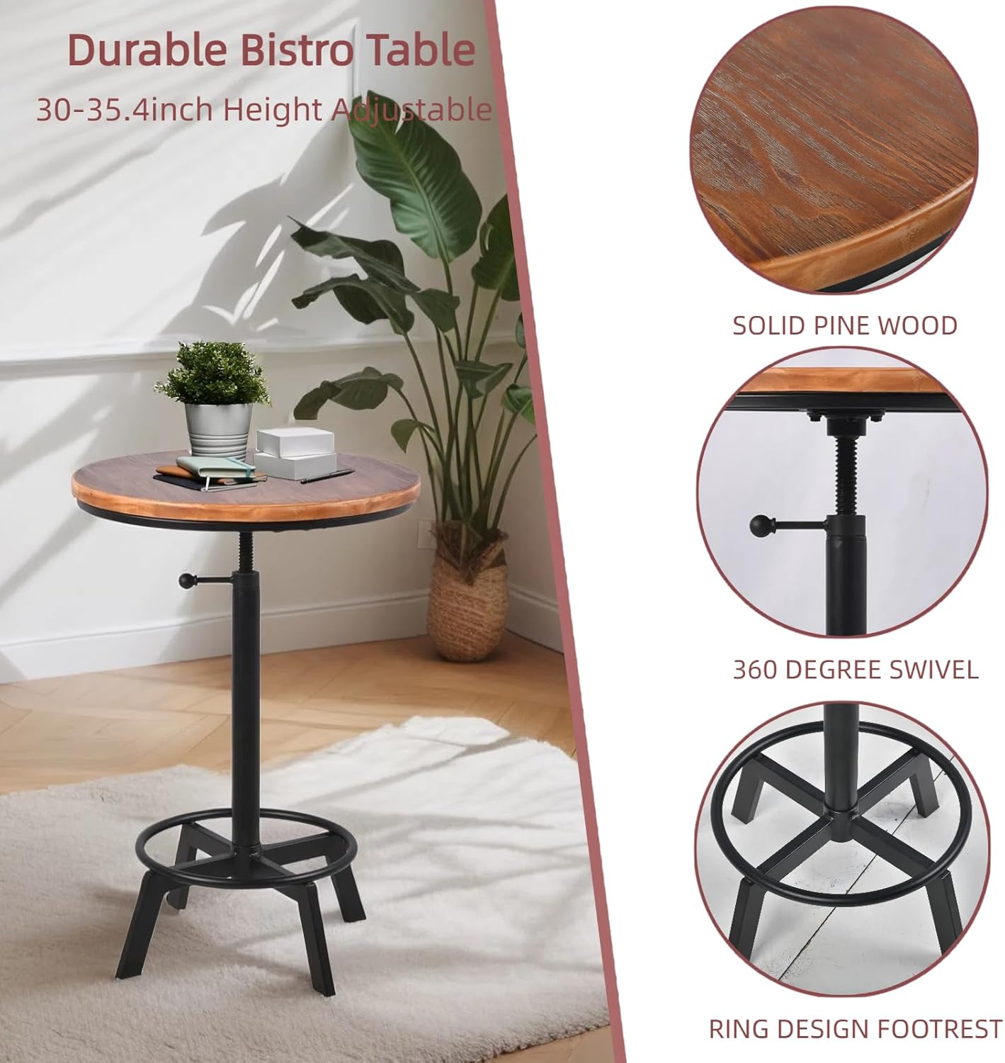 Vintage Bar Table 30-35.4inch Height Adjustable Industrial Bistro Table Retro Dinning Table for Kitchen Coffee House Pub Swivel Wooden Top