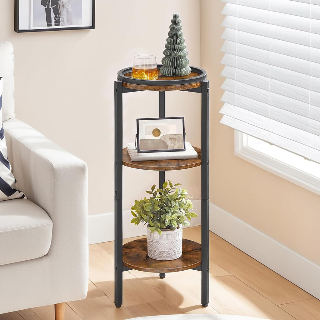 HOOBRO Small Round Side Table, 3-Tier Tall Coffee Drink Table for Sofa Couch, 28.7" H Round Nightstand, Circle Wooden Accent Pedestal Table for Living Room, Bedroom, Rustic Brown and Black BF182BZ01