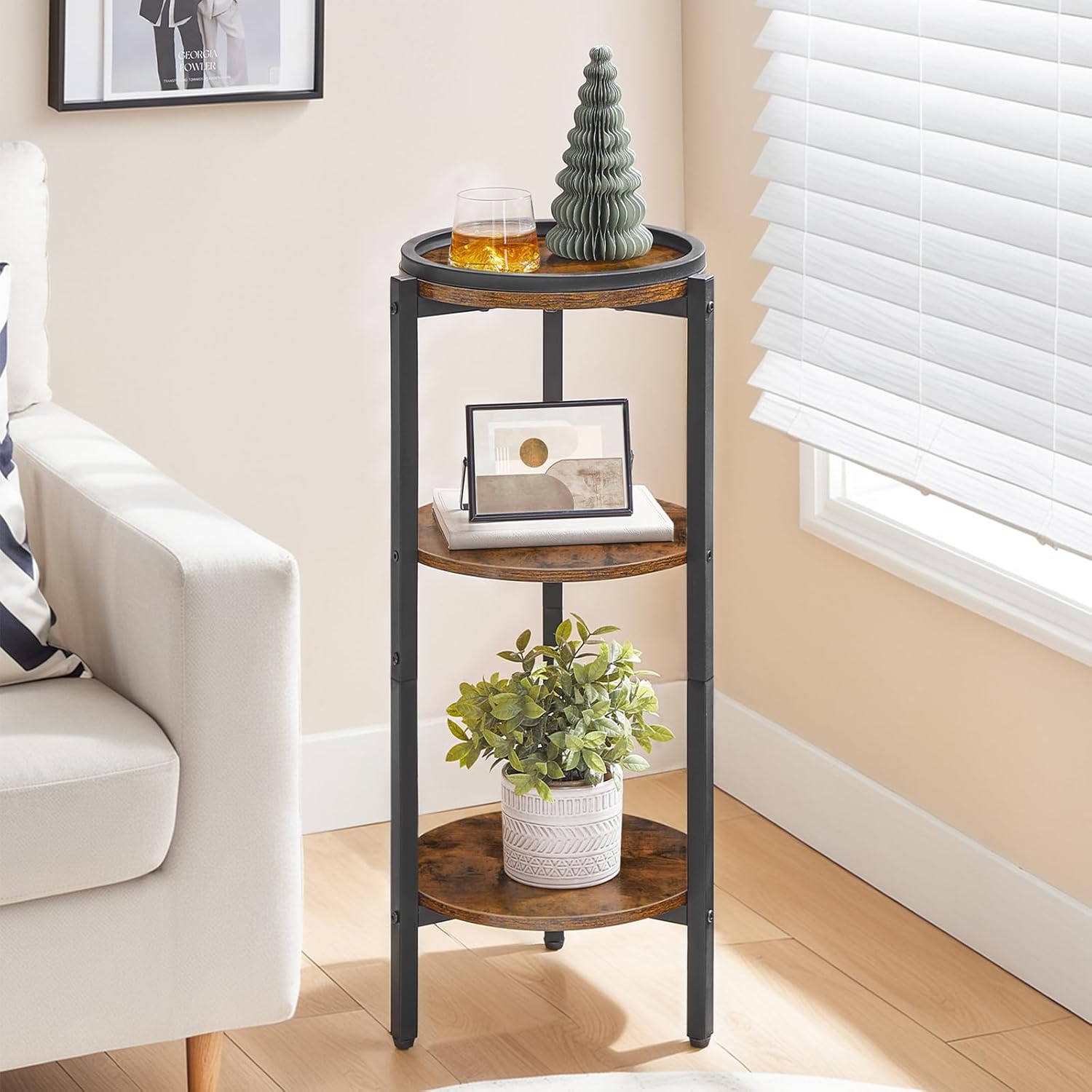 HOOBRO Small Round Side Table, 3-Tier Tall Coffee Drink Table for Sofa Couch, 28.7" H Round Nightstand, Circle Wooden Accent Pedestal Table for Living Room, Bedroom, Rustic Brown and Black BF182BZ01