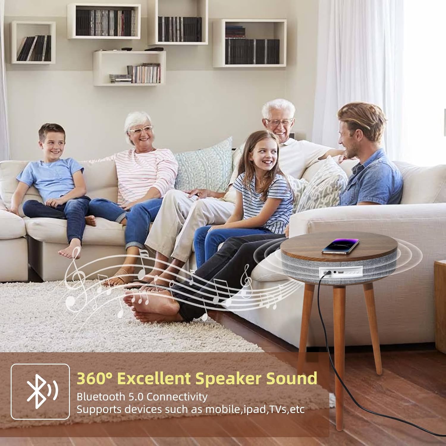 TooCust Smart End Table with Bluetooth Speaker, Smart Coffee Table with Wireless Charger, Smart Table with USB Charging Ports, Round Side Table for Bedroom, Living Room, Office