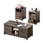 Farmhouse Table Set of 3, Coffee Table with Sliding Barn Doors, End Tables Set of 2 with Charging Station for Living Room & Bedroom, Sliding Barn Doors, 2 Tiers Storage Drawer, Antique White