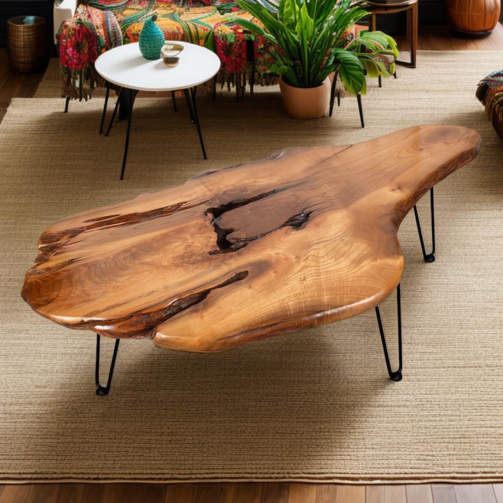 Handcrafted Edge Coffee Table | Natural Wood with Unique Organic Shape | Metal Hairpin Legs for Living Room, Side Table & Boho Decor