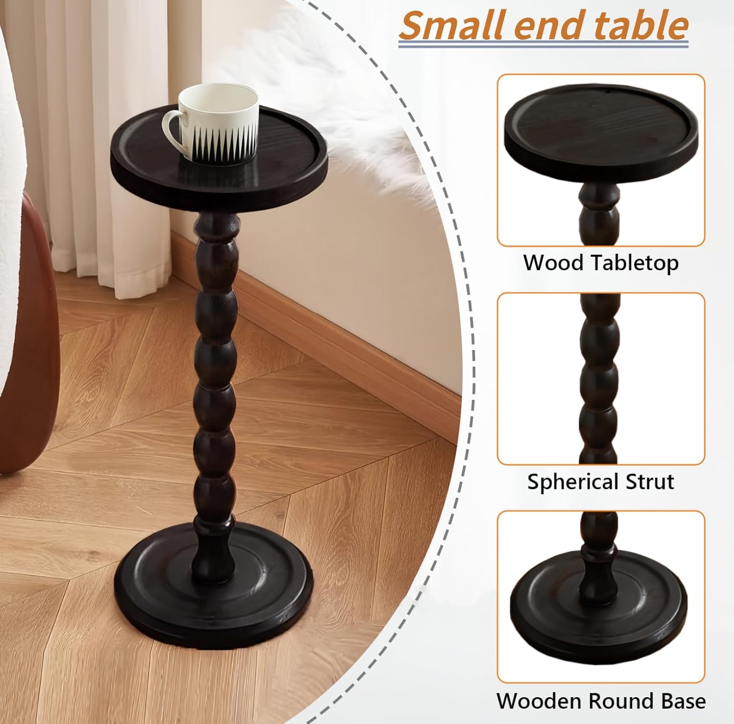 Wood Round Side Table, Small End Table, Plant Stand, Coffee ＆ Drink Table for Living Room,Patio, Bedside, Balcony, Indoor/Outdoor Use (Black)