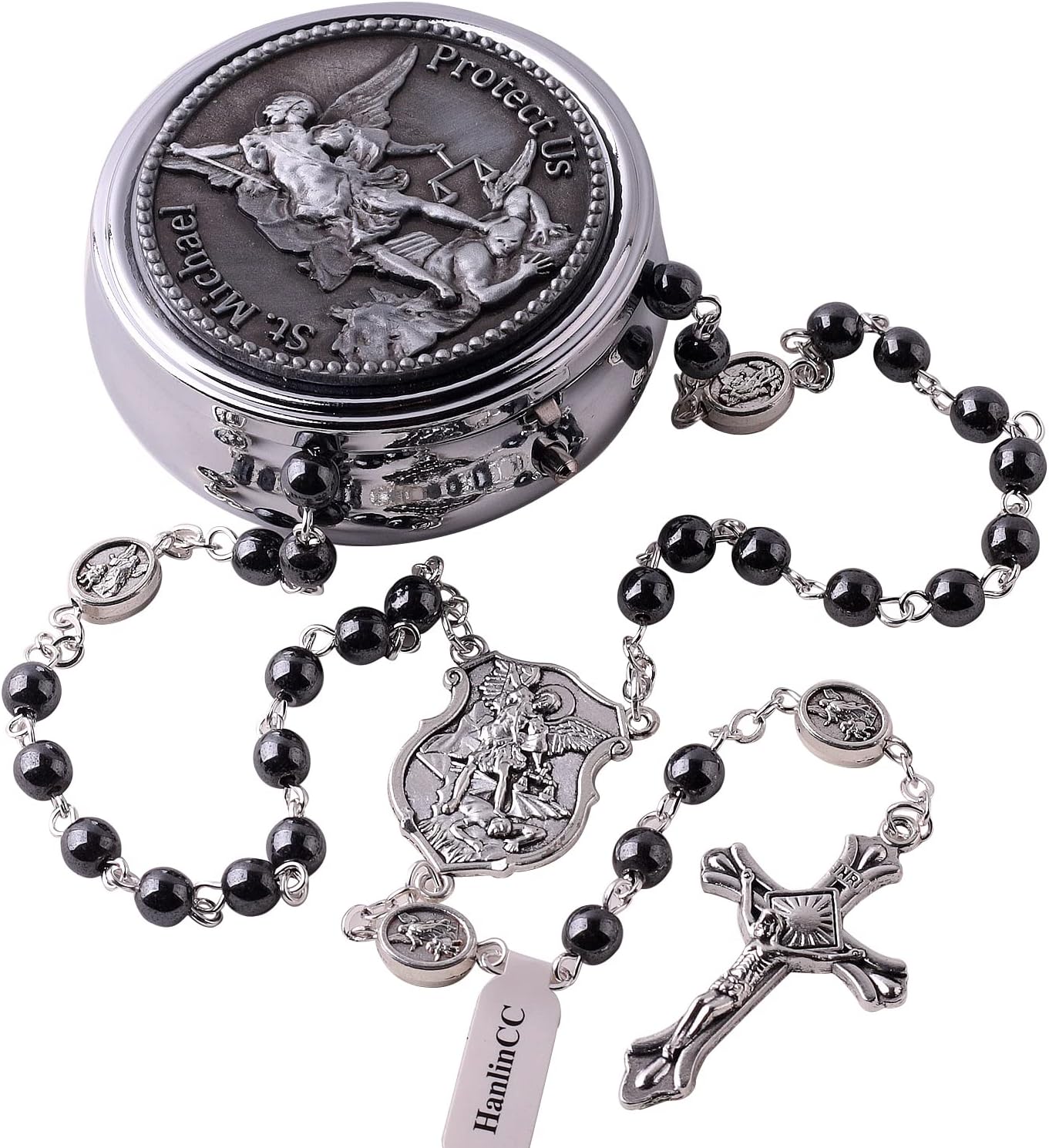 HanlinCC Saint Michael the Archangel Hematite Black Stone Beads Rosary Necklace with Metal Gift Box for Men