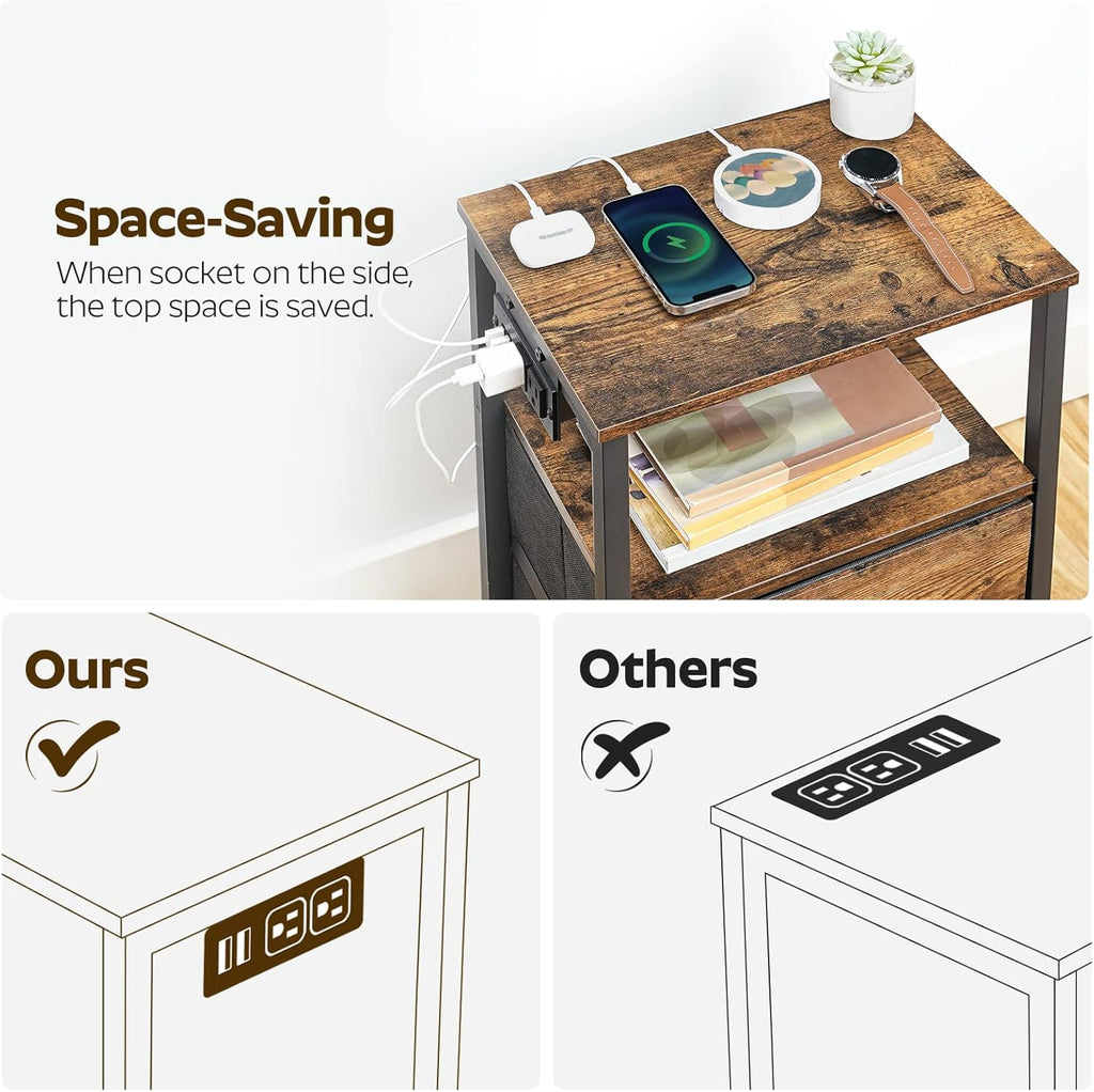 Nightstand Set 2, End Tables with Charging Station, Side Table with 2 Non-Woven Drawers, Bed Side Coffee Table for Small Spaces, Sofa, Dormitory, Living Room ET02L2BR