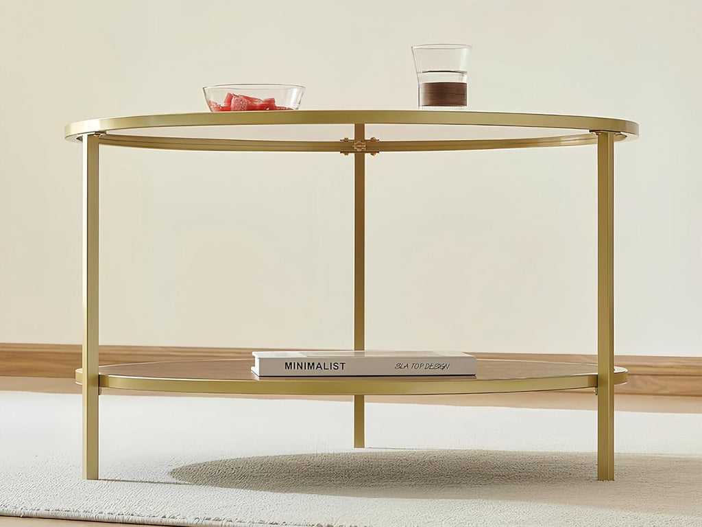 Modern Round Glass Coffee Table with Amber Glass Top, Round Glass Table for Living Room, D30''×H18'', Gold Table Legs Structure & Amber Glass Top