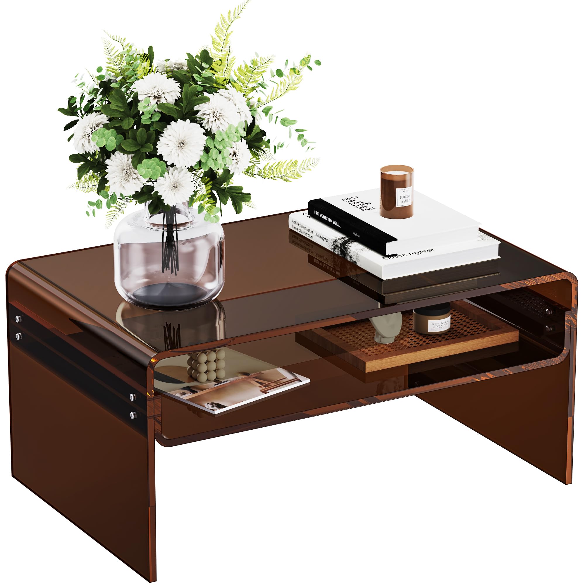 Acrylic Coffee Table for Living Room Clear Rectangle Lucite Table with Open Storage Shelf (1, Green, Large)