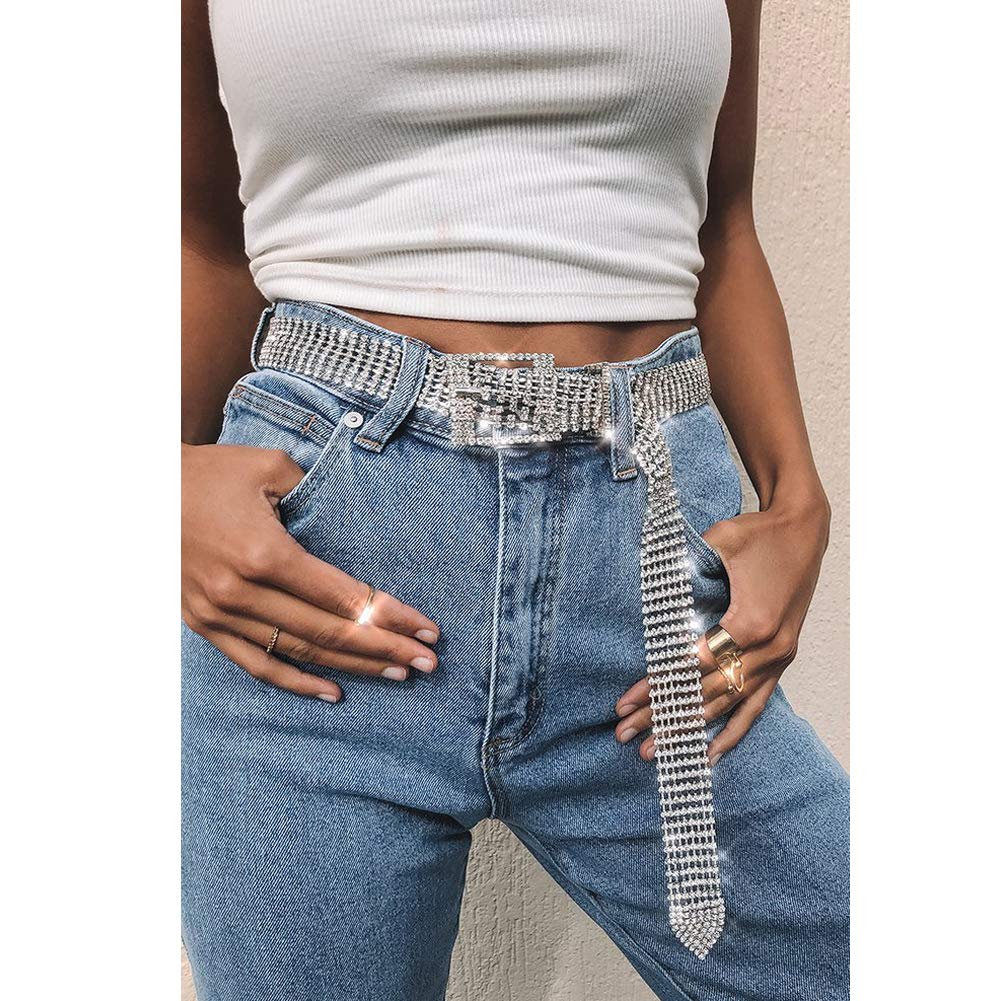 WHIPPY Women Rhinestone Belt Silver Shiny Diamond Crystal Ladies Waist Belt for Jeans Dresses Fit Waist Size 27-35 Inches