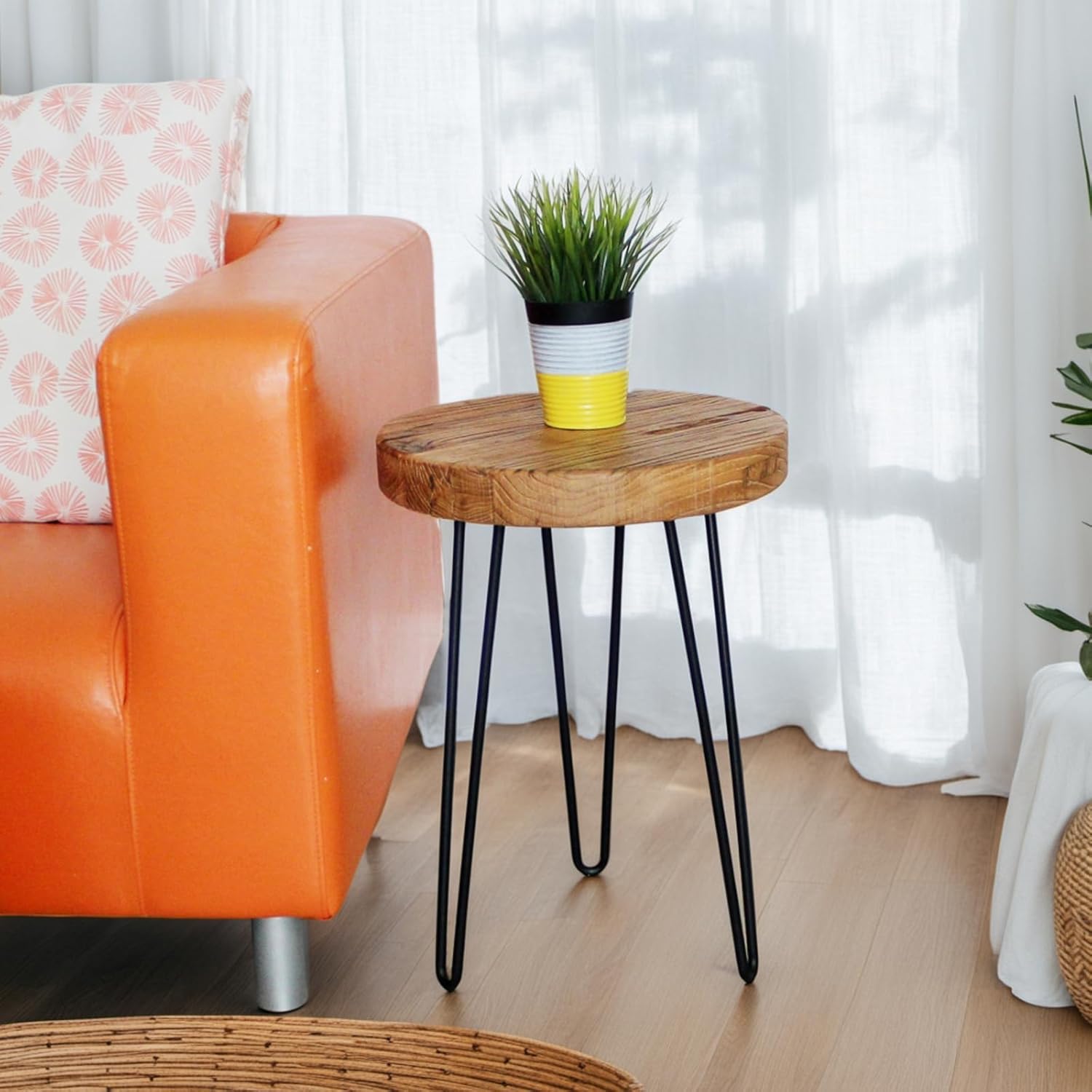 WELLAND Rustic Old Elm Round End Table 16"x16"x21" H Vintage Side Table Accent Table Plant Stand for Living Room Bedroom Home Office Patio