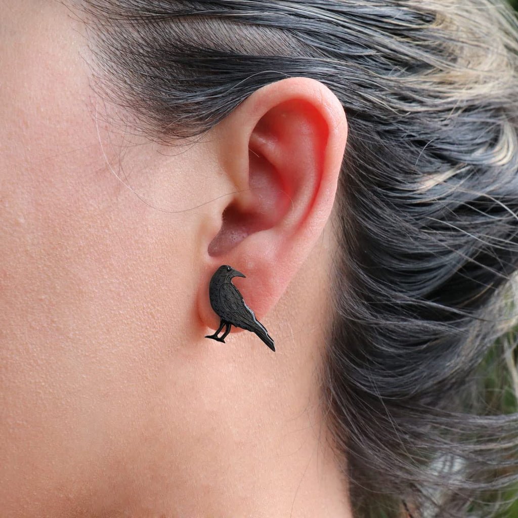 Black raven handmade bird crow stud Earrings for women stainless steel post
