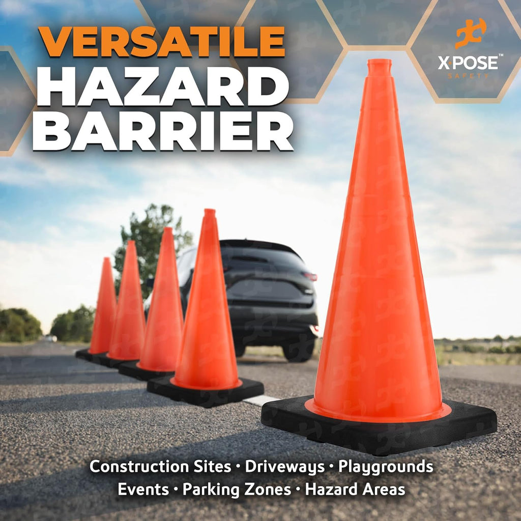 Xpose Safety 28 Inch Orange Traffic Cones Heavy Duty 10lb, 24-Pack - Multipurpose PVC Plastic Safety Cone for Parking, Soccer, Caution, Kids and Construction - DOT Approved