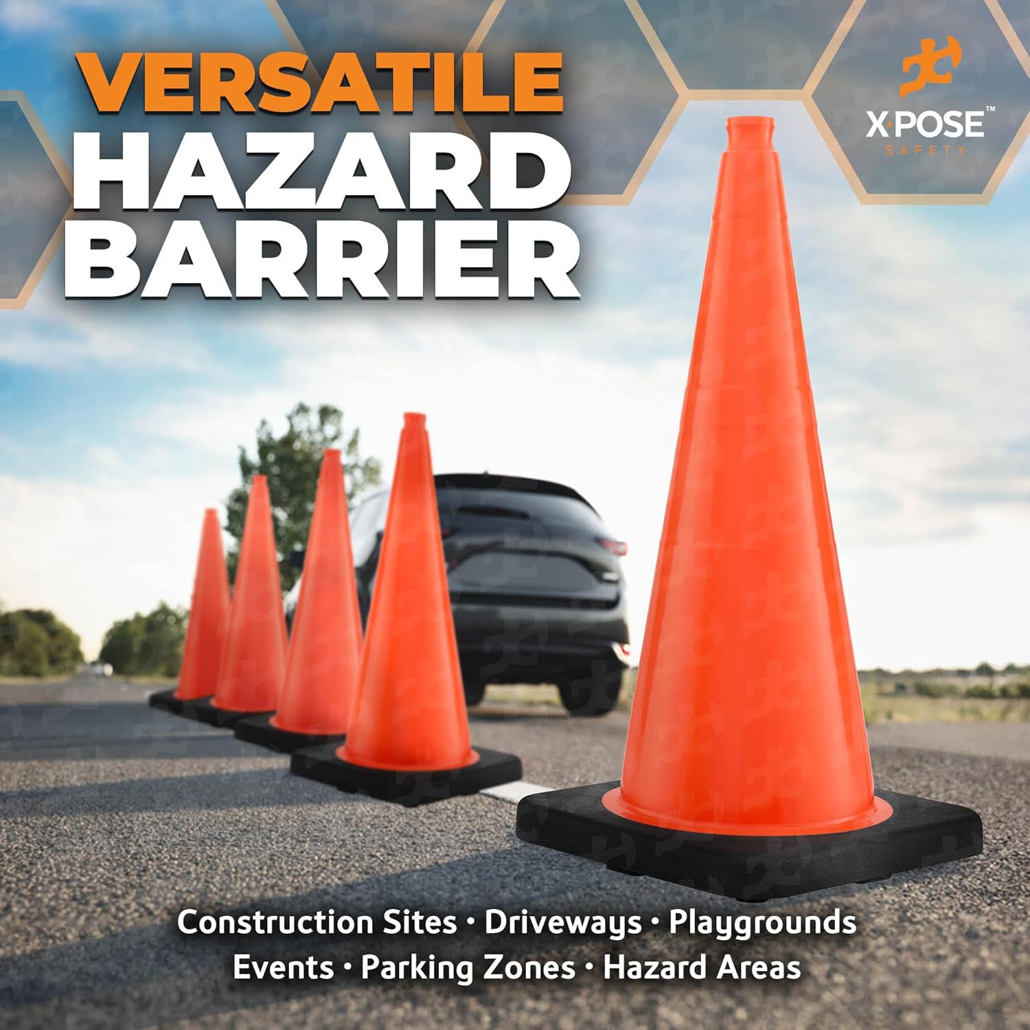 Xpose Safety 28 Inch Orange Traffic Cones Heavy Duty 10lb, 24-Pack - Multipurpose PVC Plastic Safety Cone for Parking, Soccer, Caution, Kids and Construction - DOT Approved