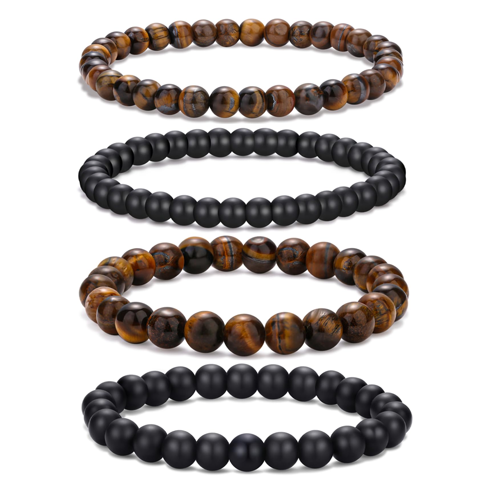 RANKEEF Mens Bead Bracelet Set - Adjustable Elastic Rope With 6&8MM Natural Stone Multi-Colored Beads - Tiger Eye Bracelets for Men - Gift