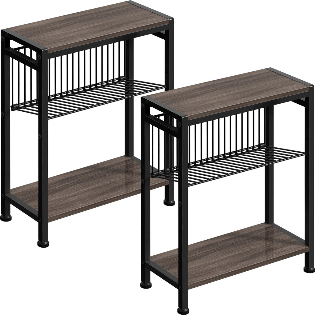 Small Side Table for Small Space, 3-Tier Narrow End Table with Magazine Holder,Slim Nightstand, Skinny Snack Couch Table in Living Room, Bedroom Study and Balcony (Rustic Brown &Black)