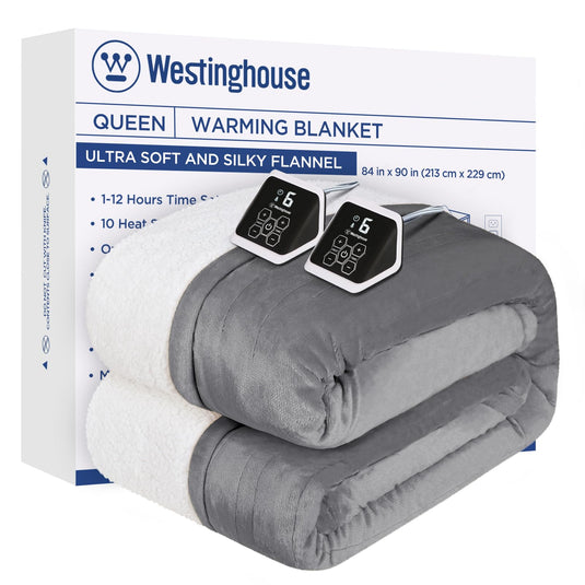 Westinghouse Heated Blanket Queen Size, Soft Flannel to Sherpa Electric Blanket with 10 Heating Levels, 12 Hours Auto Off, Fast Heating Blanket, Machine Washable, 84x90 Inch, Charcoal