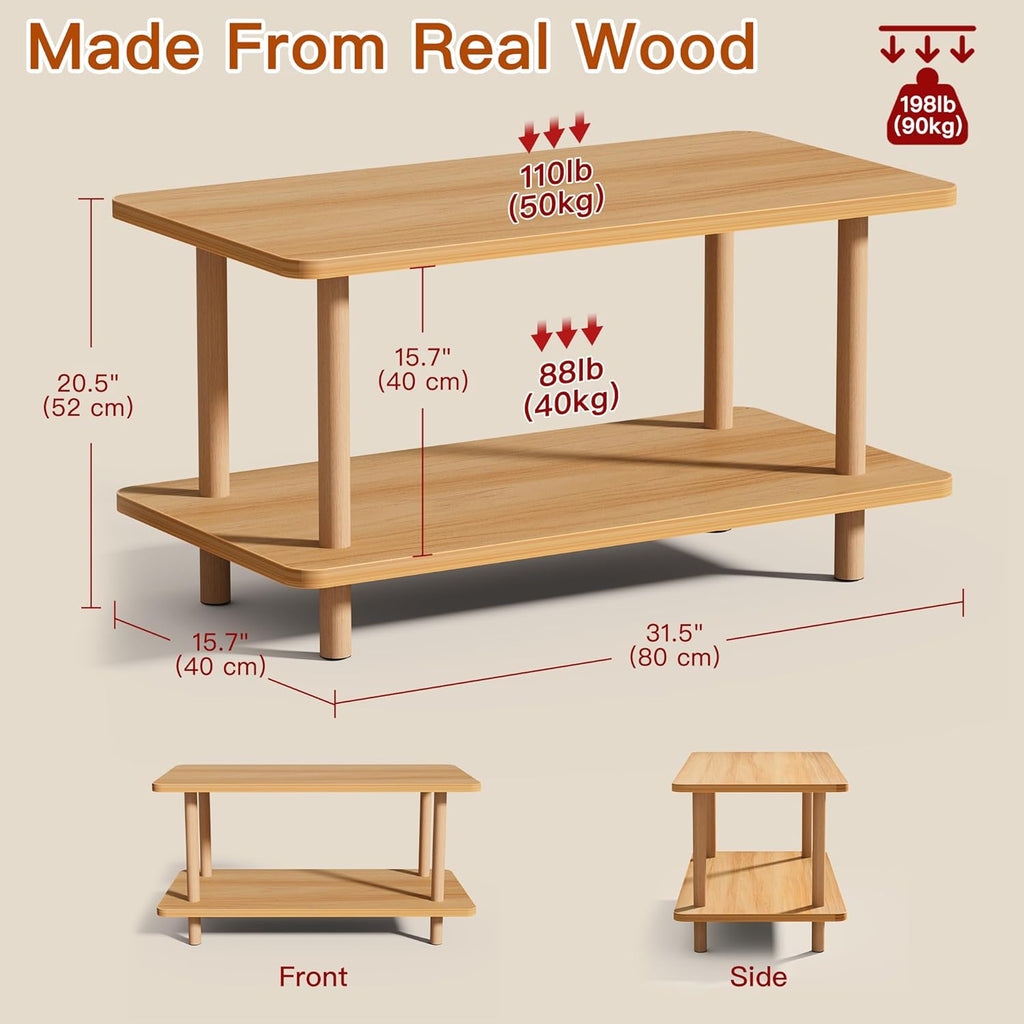 2 Tier Coffee Table Low Table with Solid Wood Legs, Japanese Coffee Table for living Room, Side Table Sofa Table, Floor Table Desk for Sitting on The Floor, Storage Shelf Furniture for Office, Natural