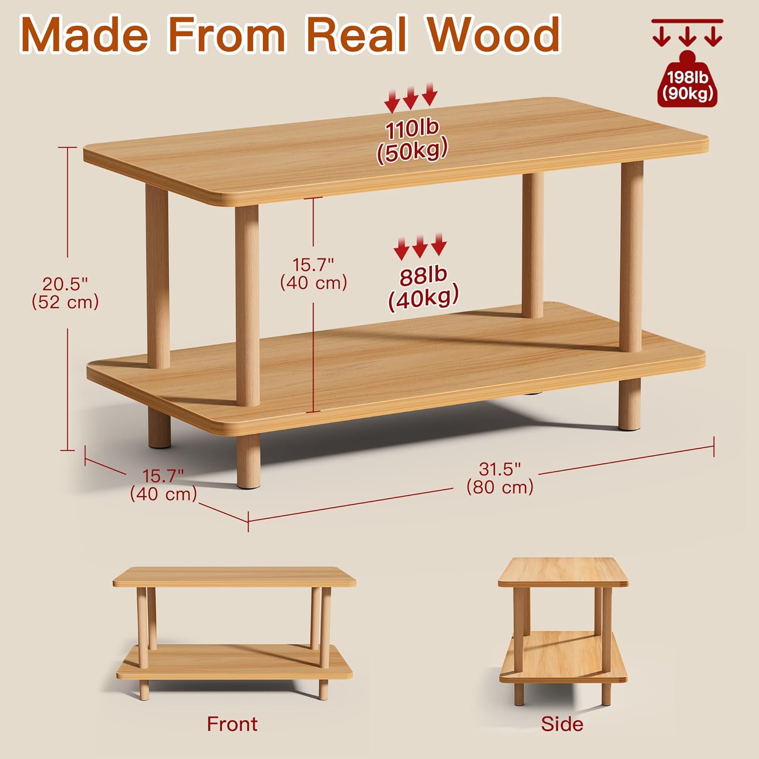 2 Tier Coffee Table Low Table with Solid Wood Legs, Japanese Coffee Table for living Room, Side Table Sofa Table, Floor Table Desk for Sitting on The Floor, Storage Shelf Furniture for Office, Natural