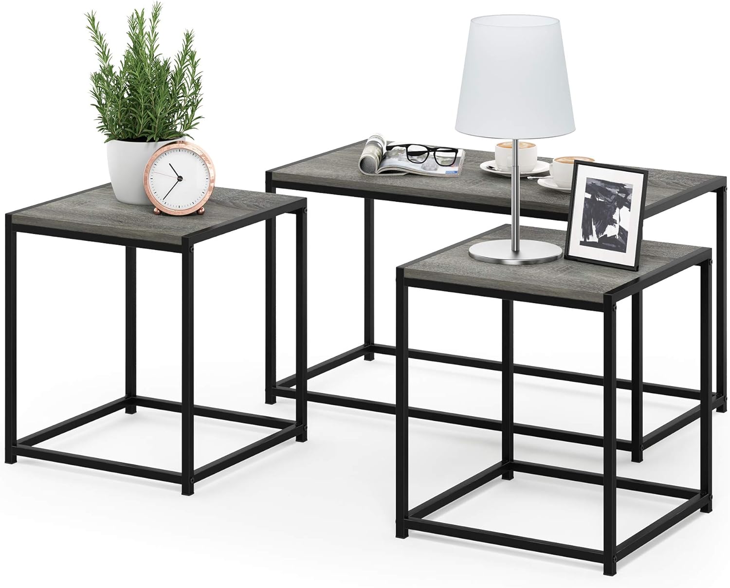 Furinno Camus Modern Living Room Coffee Table with 2 End Tables Set, French Oak Grey