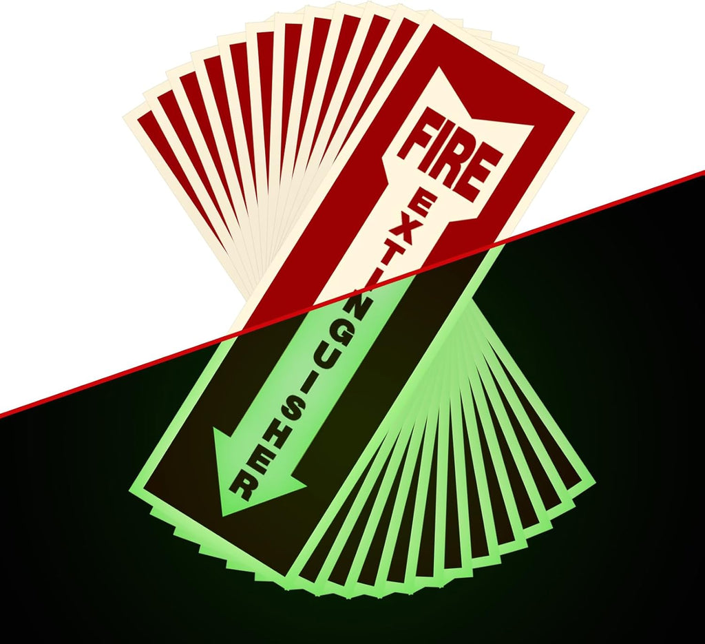 Fire Extinguisher Signs,Safety Sign Sticker glow in the dark 12 Pack 4" X 12" Durable Self Adhesive, Waterproof and UV Protected,for Home, Office or Boat
