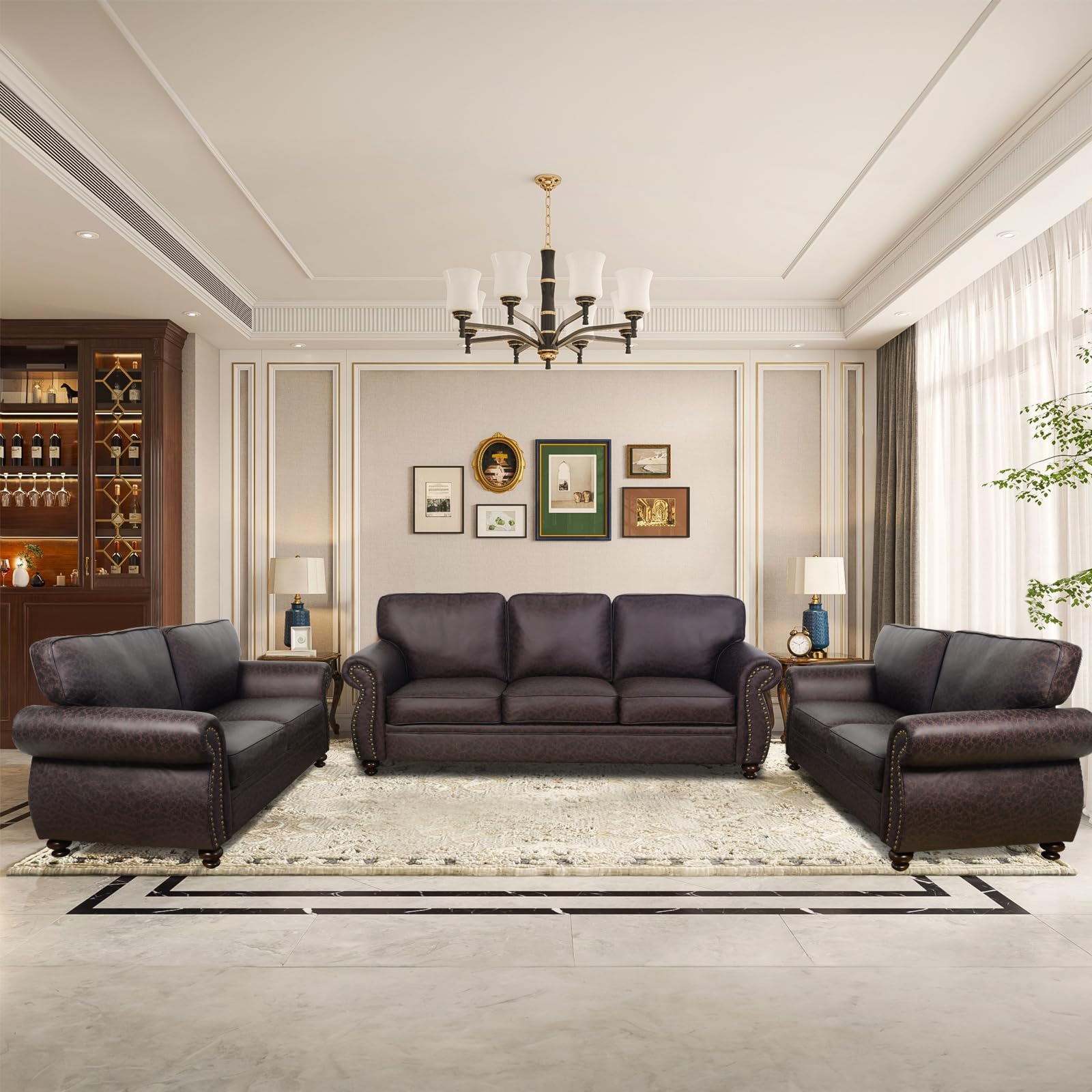 Mid-Century Vintage Sofa Couches with Rivet Design,loveseat Sofa,Removable Sofa Cover Upholstered Cushions and Solid Wood Frame (Brown, 3-Seater)