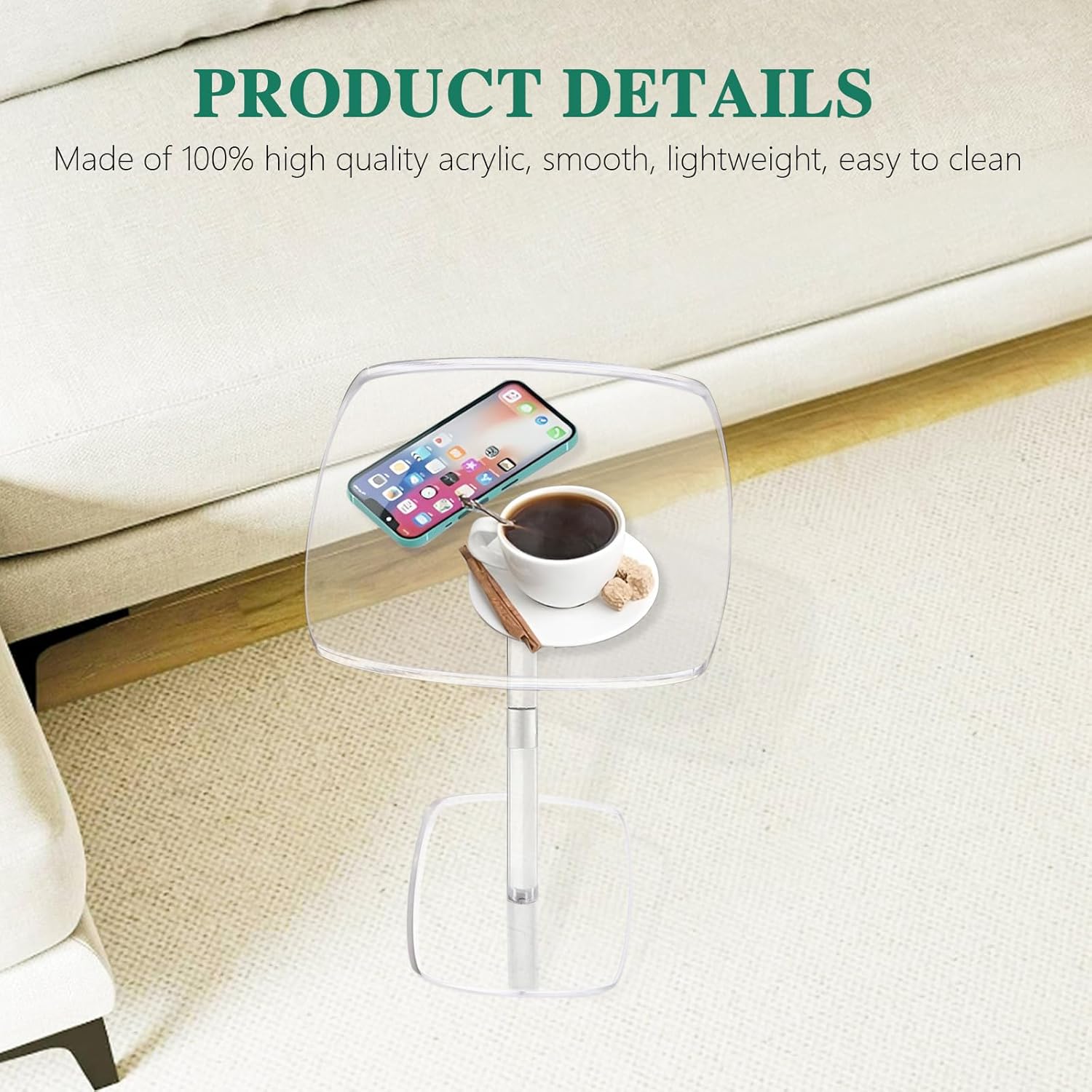 Square Drink Table, Acrylic Side Table for Small Spaces, Clear Pedestal Side Table, Cocktail Martini Table for Living Room, Bedroom, Sofa, Chair, Easy Assembly