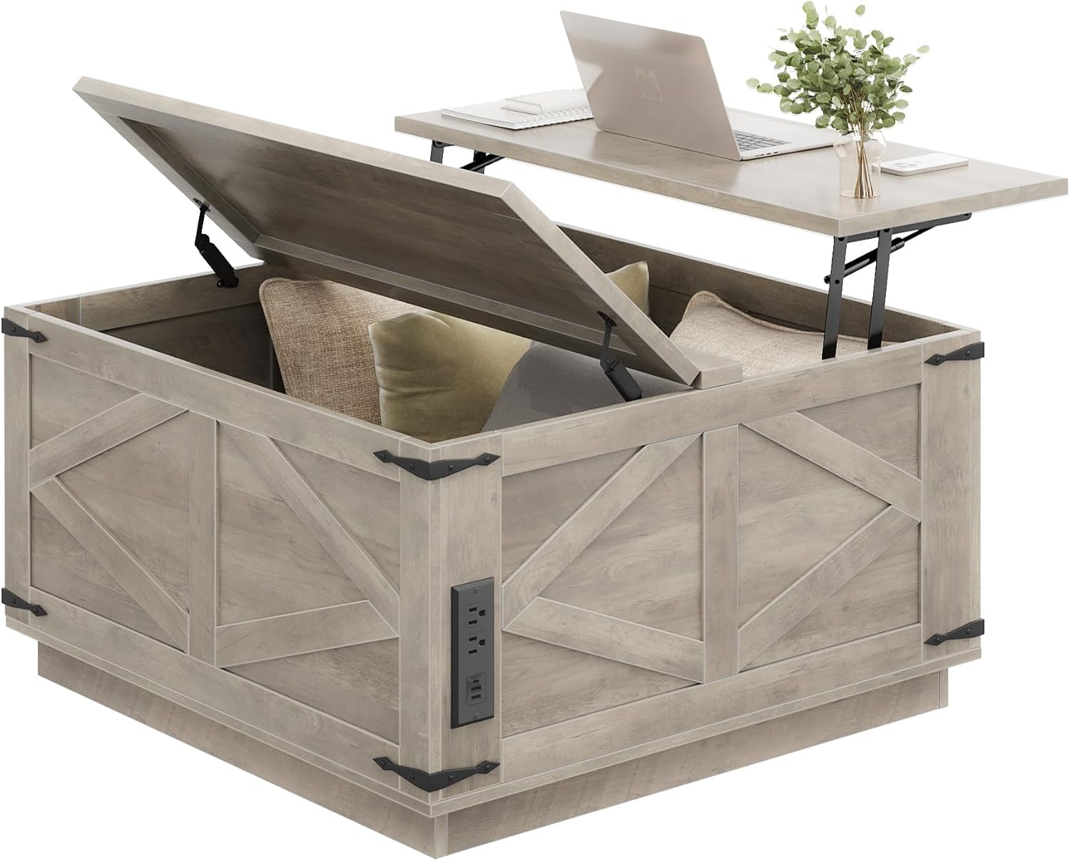 Rustic Grey Farmhouse Lift-Top Coffee Table: Square Wood Center Table with Hidden Storage Compartment, Floating LED Lights & USB-C Charging Station - Living Room Furniture